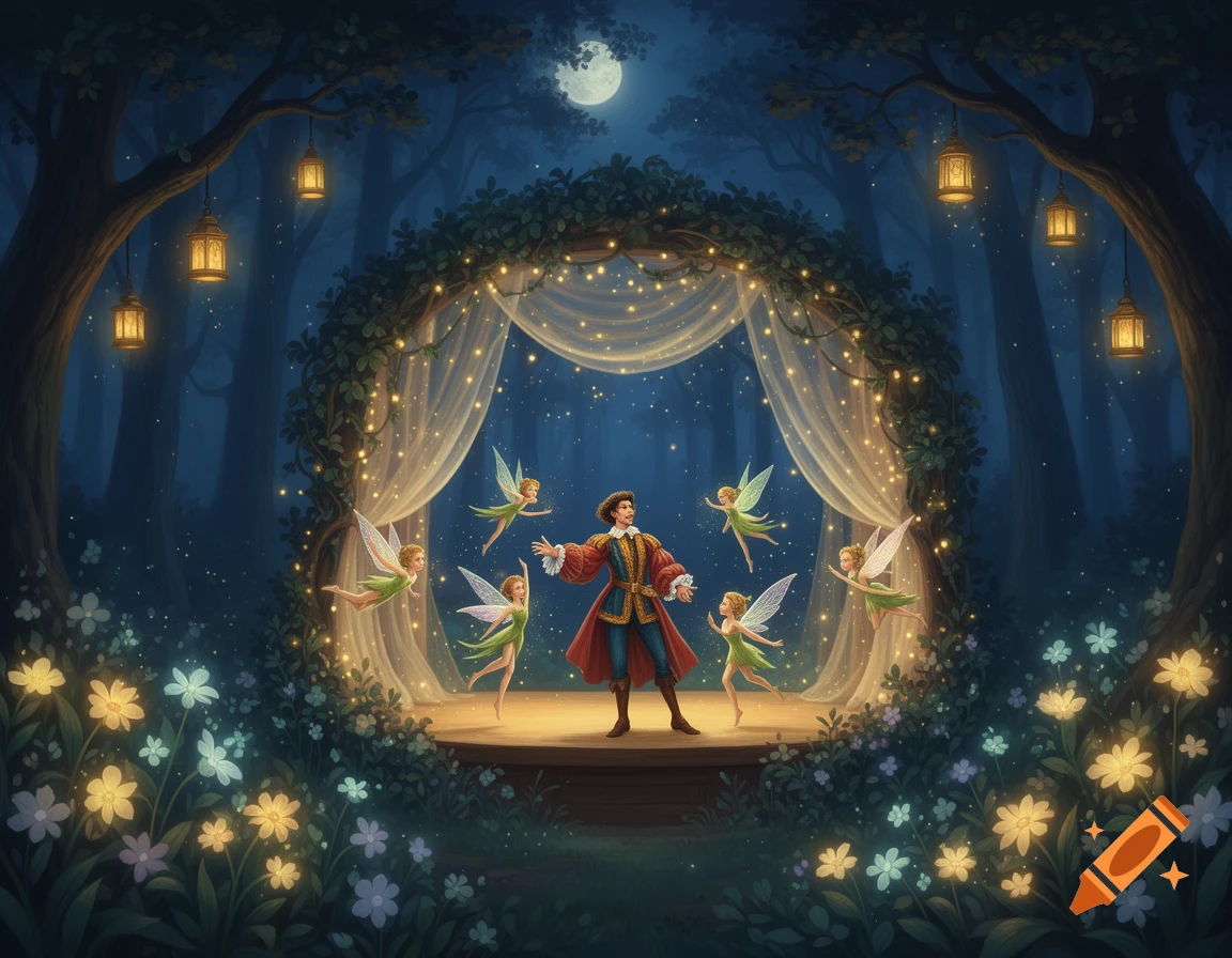 A man in a red and blue costume stands on a stage, surrounded by six flying fairies, under a full moon in a magical forest.