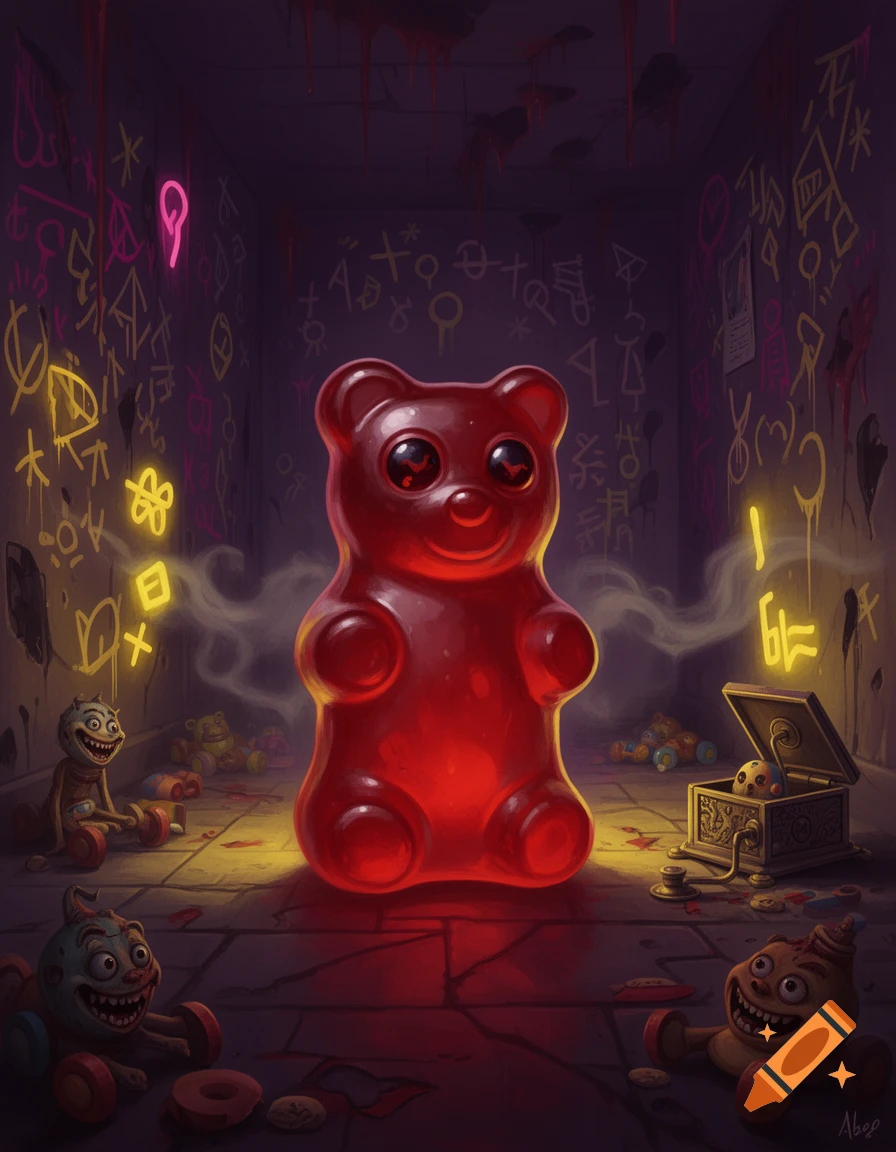 A large, glowing red gummy bear with demonic eyes stands in a dark, bloody room covered in glowing, indecipherable symbols. Grotesque, smiling toy creatures and scattered items litter the floor.