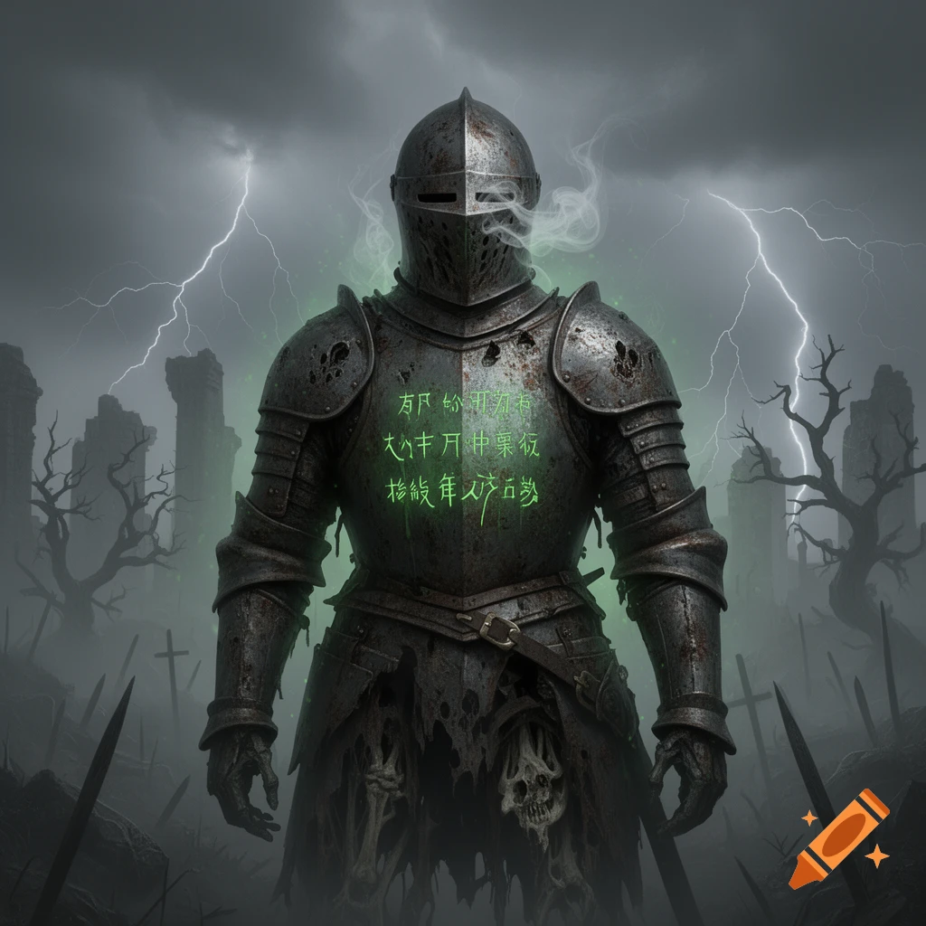 Zombie knight in decaying armor with glowing green text on its chest in a stormy ruined landscape.