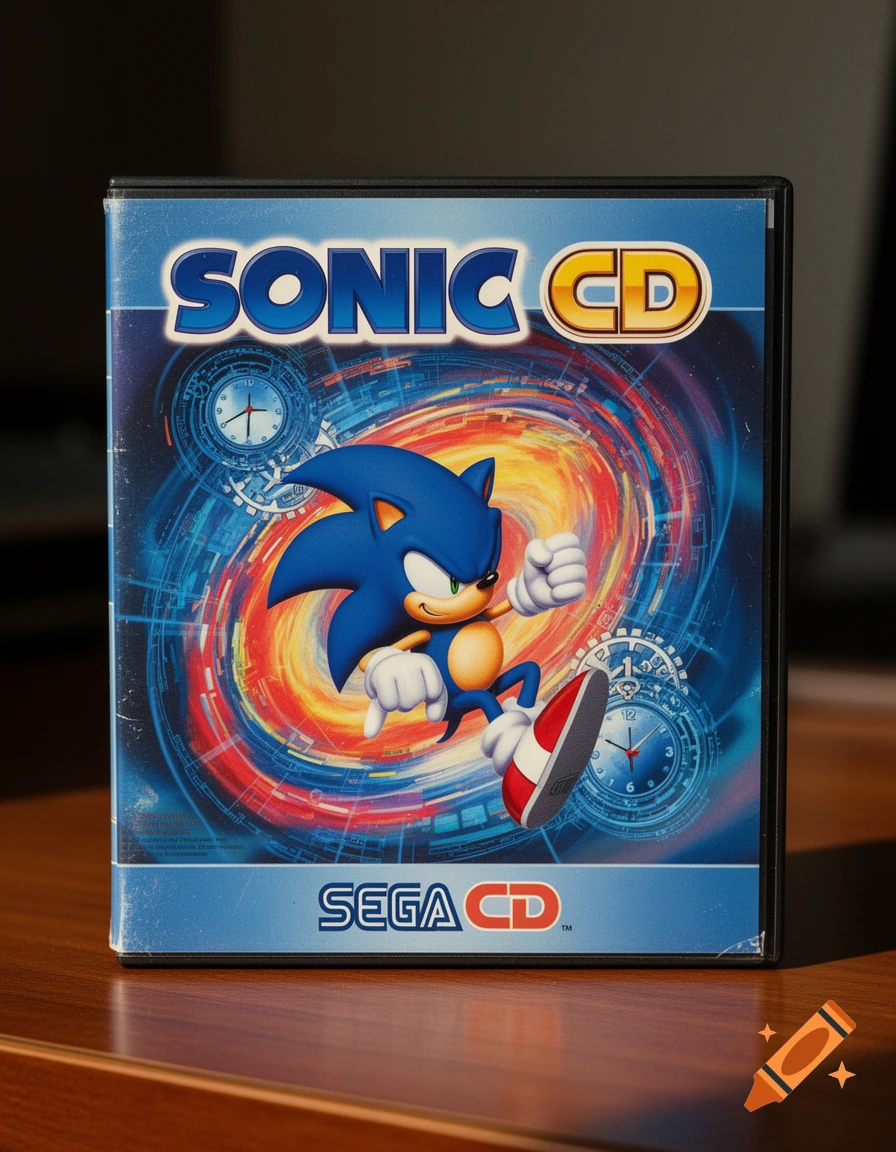 Photorealistic Sonic CD game case, showing Sonic jumping amidst a swirling time-warp background, on a wooden table.
