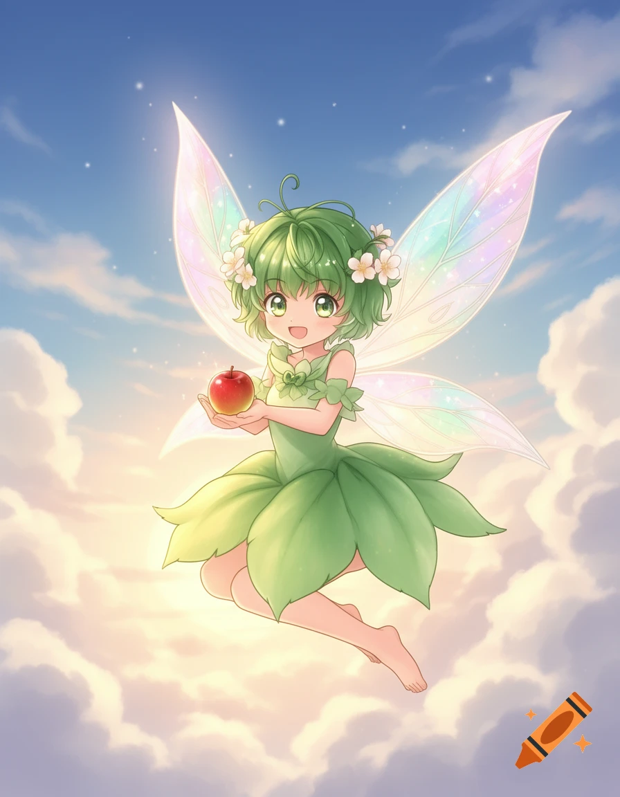 A cute anime fairy with green hair and iridescent wings floats in a bright sky, holding a red apple.