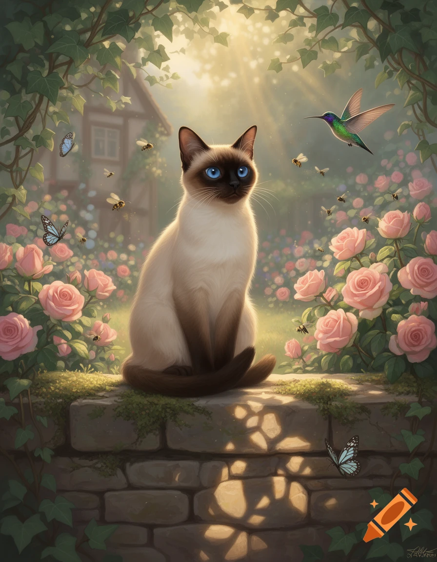 A Siamese cat sits on a stone wall amidst pink roses, butterflies, and bees in a sunny garden with a hummingbird and cottage.