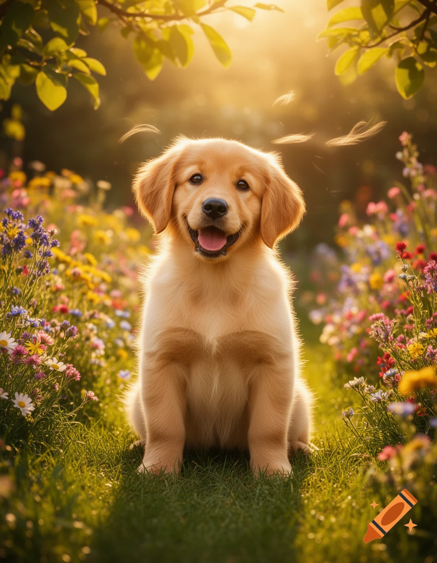 A happy photorealistic golden retriever puppy sitting in a sunny garden among colorful wildflowers.