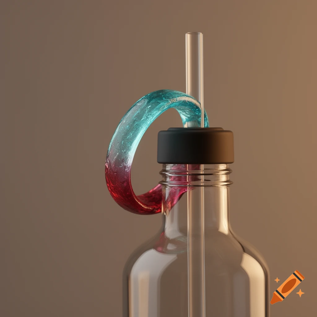 A close-up of a clear bottle with a black cap, a straw, and a translucent, gradient teal-to-red ring around its neck.