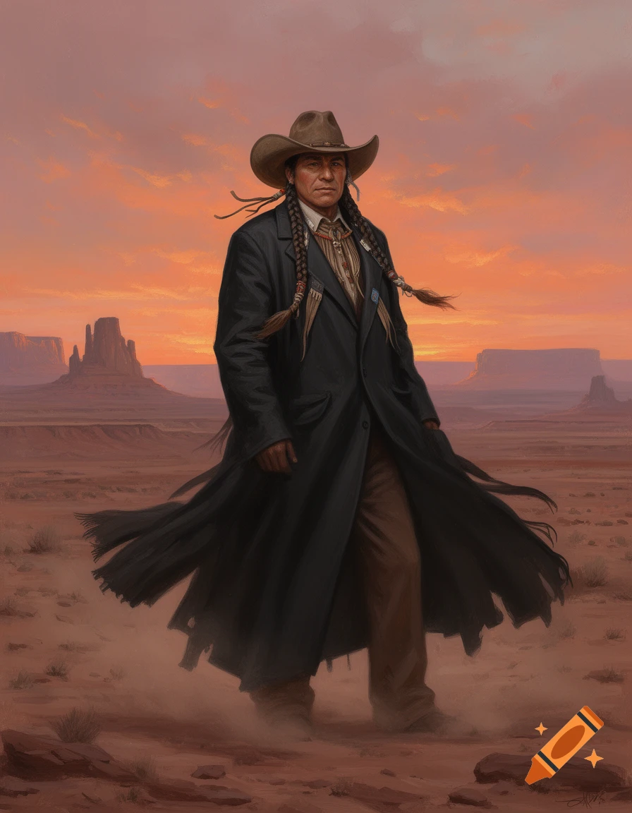 A man in a black coat and cowboy hat with braids stands in a desert landscape with mesas under an orange sky, digital painting.