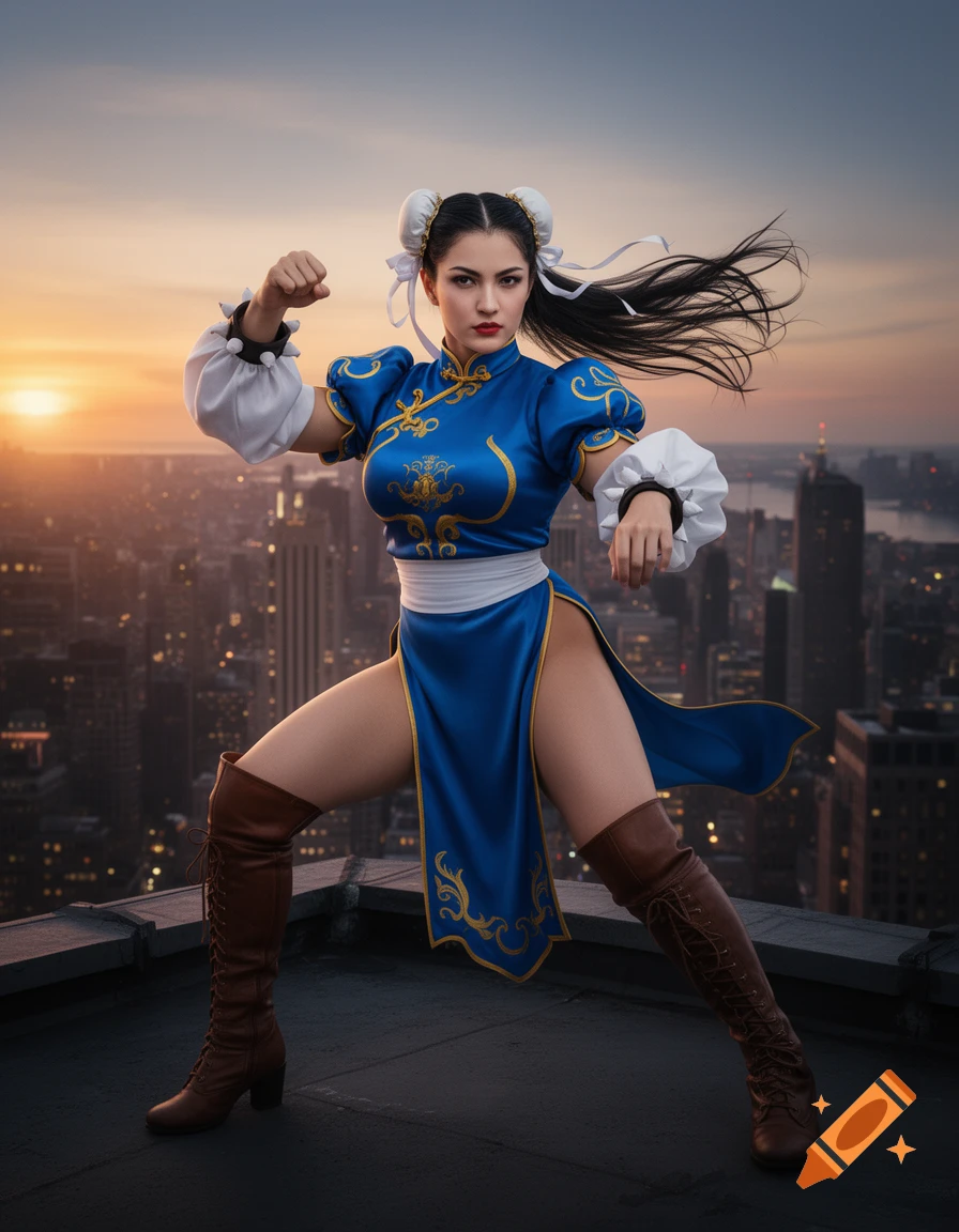 Photorealistic image of a woman dressed as Chun-Li from Street Fighter, striking a fighting pose on a city rooftop at sunset.