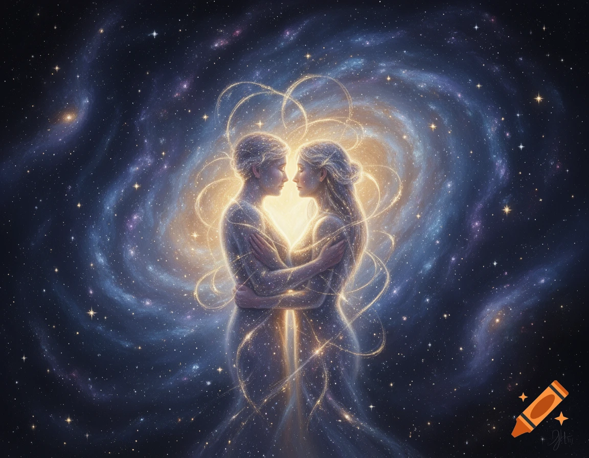 Two ethereal, glowing figures embrace in a cosmic scene with a swirling galaxy and starlight.