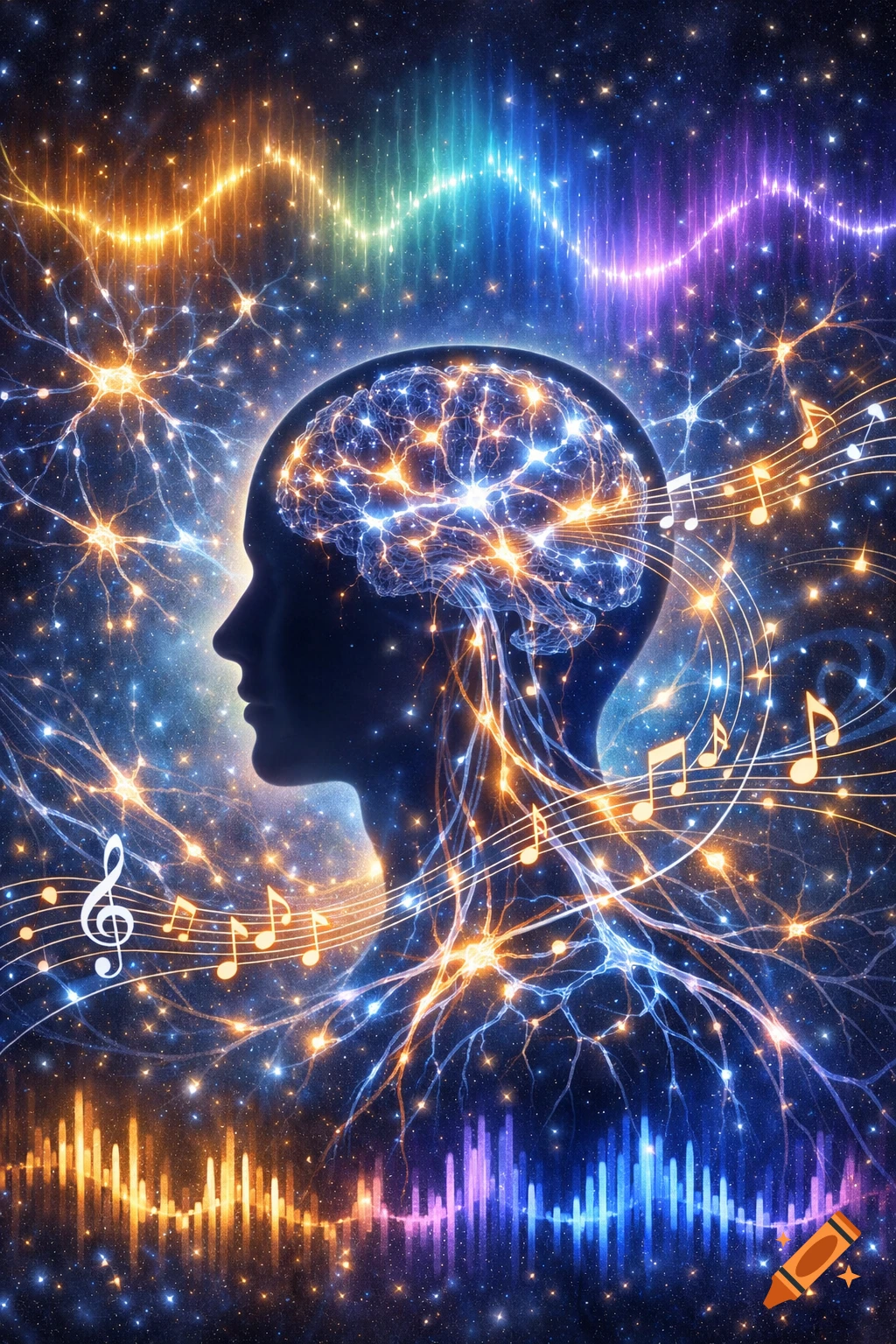 A vibrant, conceptual image of a human head silhouette with a glowing ...