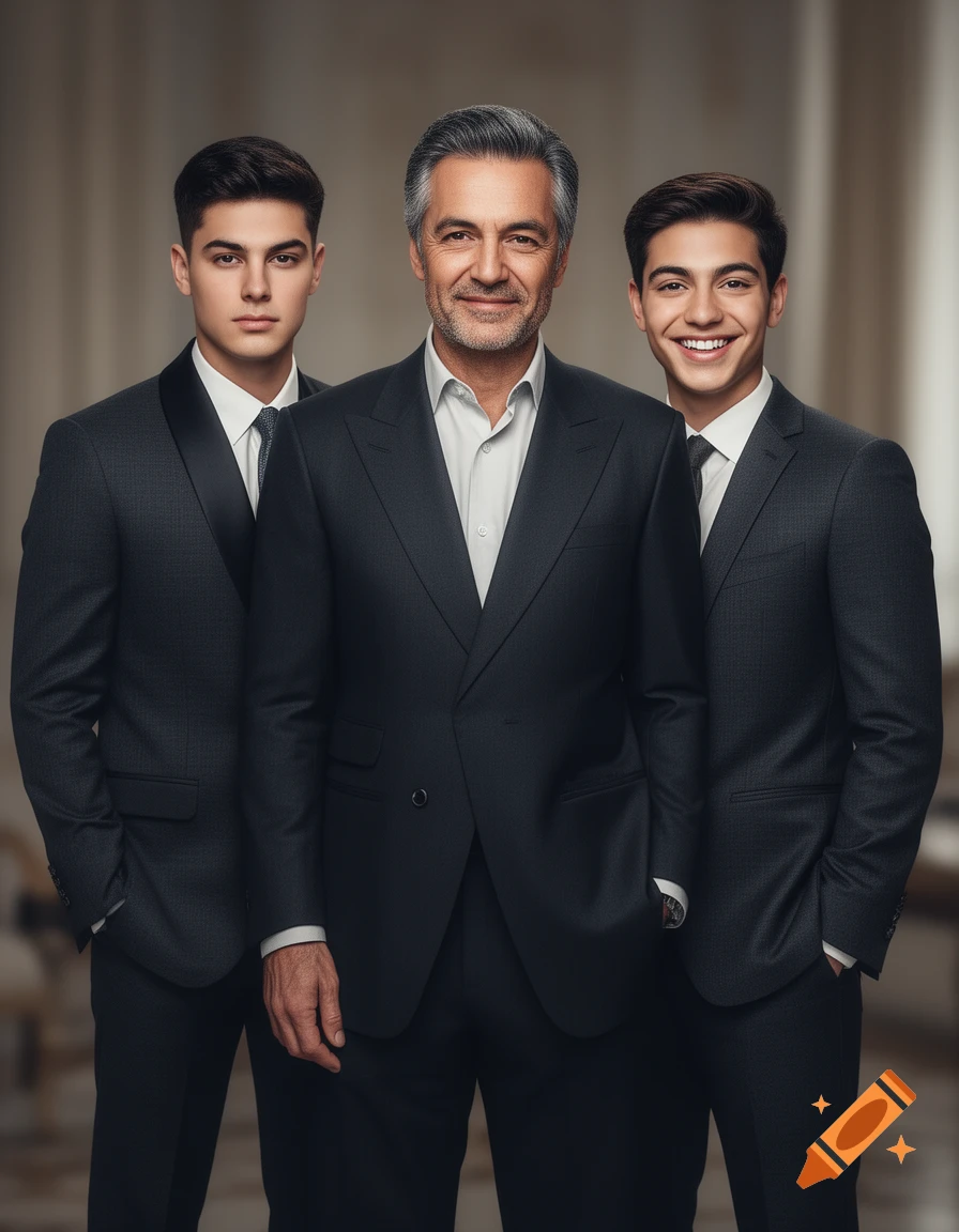 A formal portrait of three handsome men in dark suits, an older man with graying hair smiling between two younger men, one serious and one jovial.