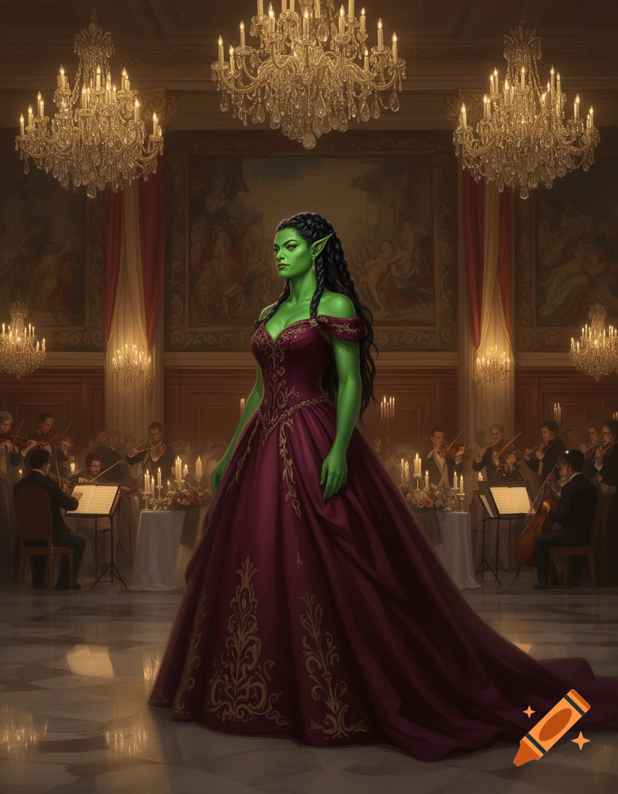 A noble green-skinned female orc with dark braided hair stands gracefully in a deep red ball gown in a lavish ballroom with chandeliers and an orchestra playing in the background.