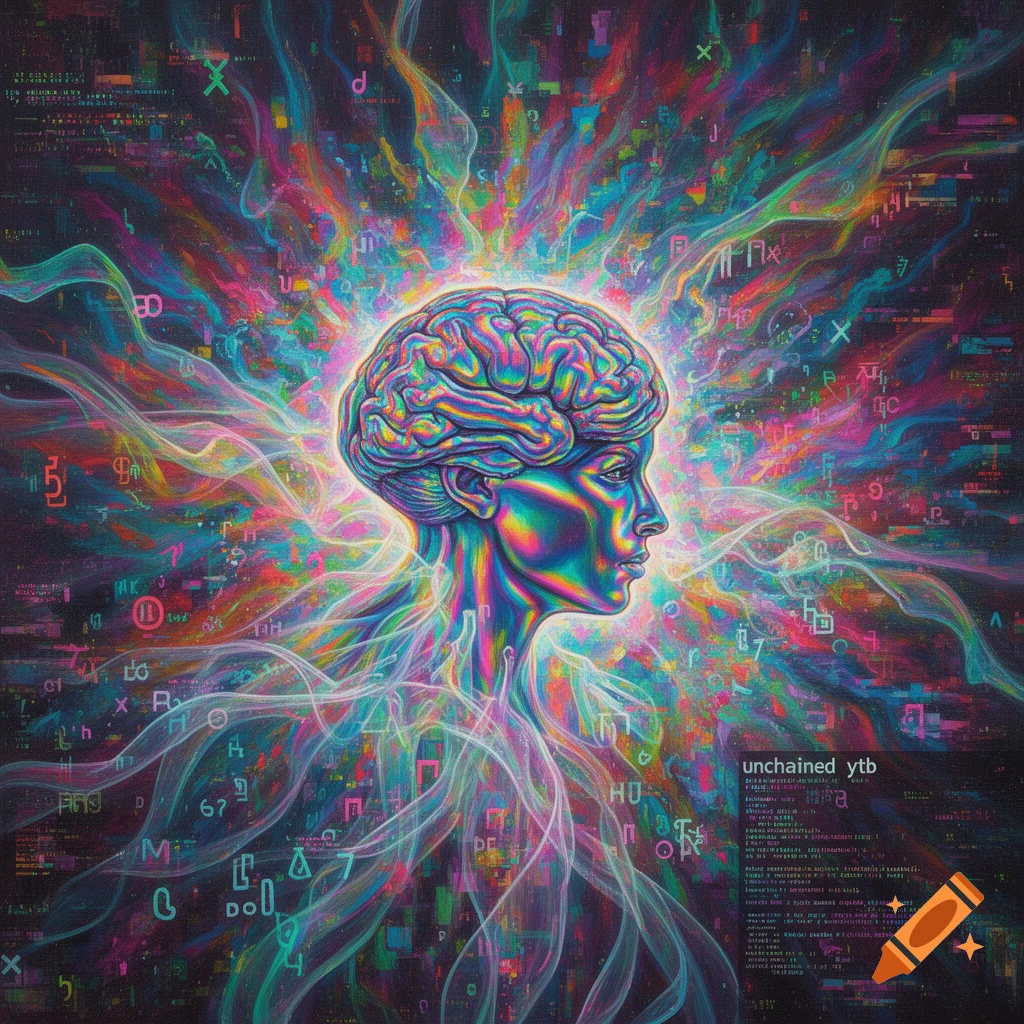 A vibrant, psychedelic illustration of a human head with a glowing brain, surrounded by colorful energy trails and abstract code, with "unchained ytb" visible in the corner.