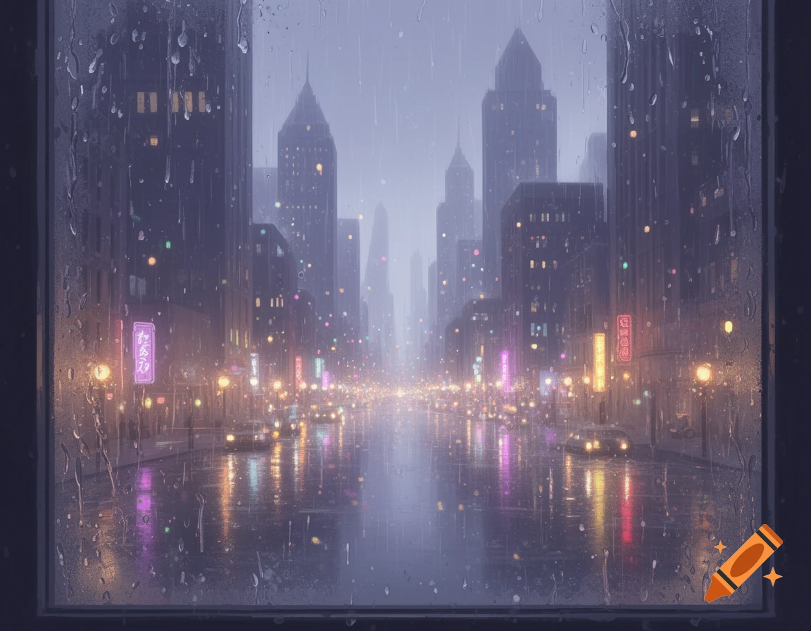 Rainy city street at night seen through a wet window, with colorful neon lights reflecting on the wet pavement, in an atmospheric style.