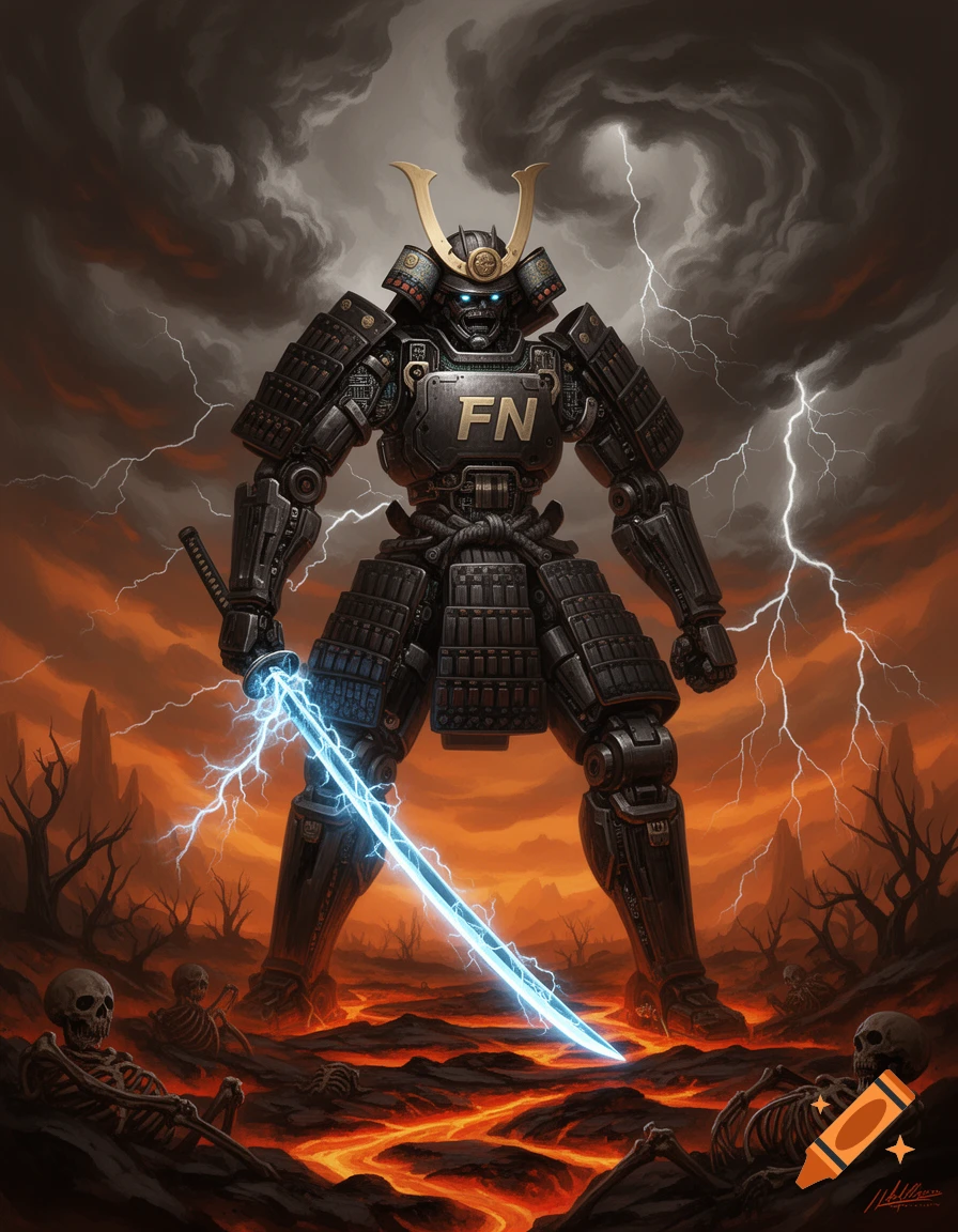 A menacing samurai mech robot with an electrified sword stands in a lava-filled hellscape with skeletons and lightning.