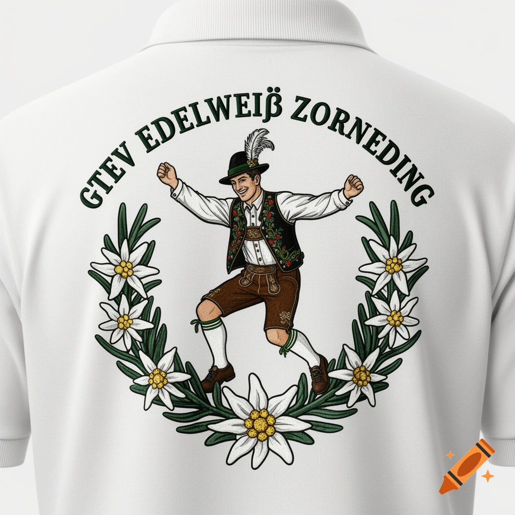 Illustration on a white polo shirt of a man in traditional Bavarian costume dancing, framed by edelweiss, with 'GTEV EDELWEIẞ ZORNEDING' text.