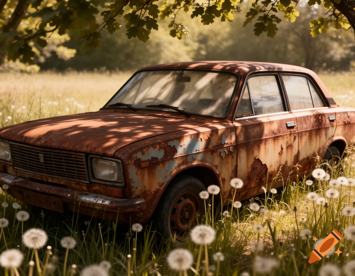 A rusty, abandoned car parked in a sun-dappled field of dandelions, with tree branches overhead, photorealistic.
