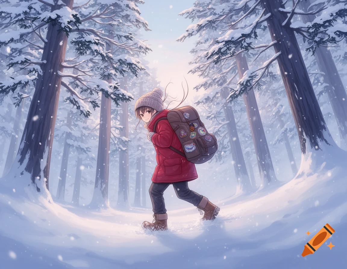An anime girl camper in a red coat and beanie walks through a snowy forest with a backpack, as snow falls.