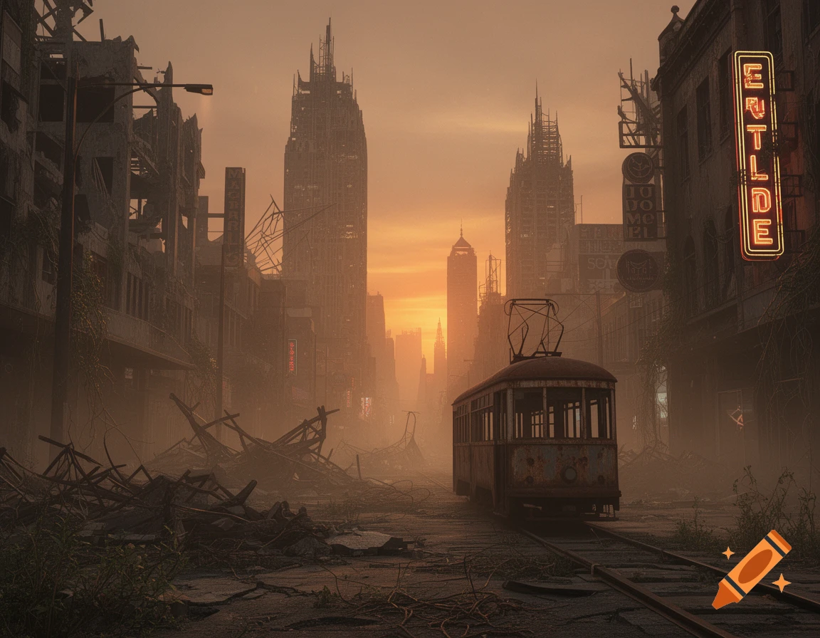 A ruined cityscape at sunset with towering, damaged buildings and a rusty tram on tracks in the foreground.