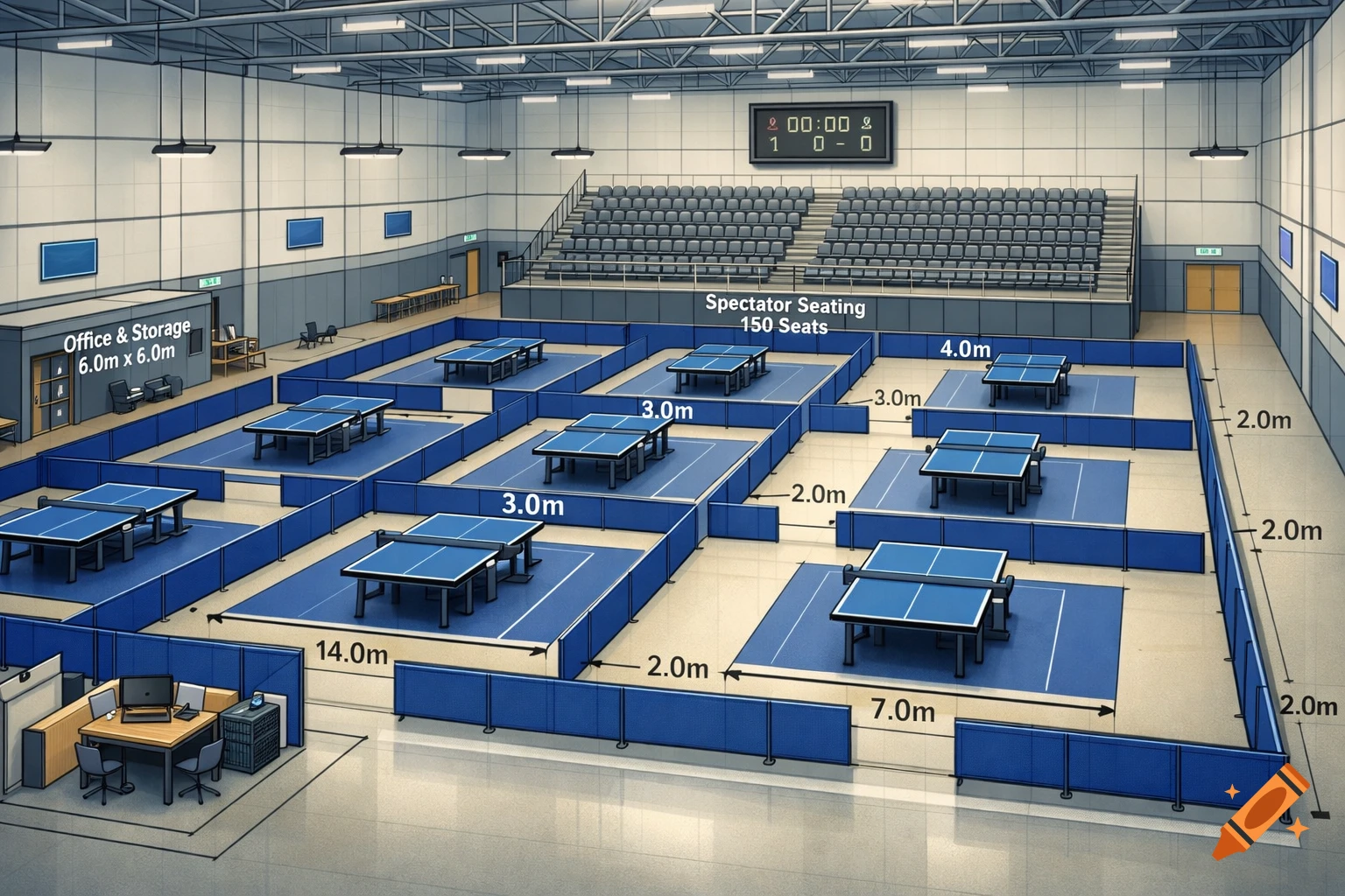 Isometric blueprint of a table tennis hall with multiple courts, spectator seating, an office, storage, and detailed dimensions.