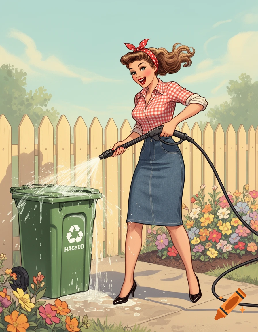 A 50s pinup style woman in a checkered shirt and denim skirt pressure washing a green recycling bin in a sunny backyard.