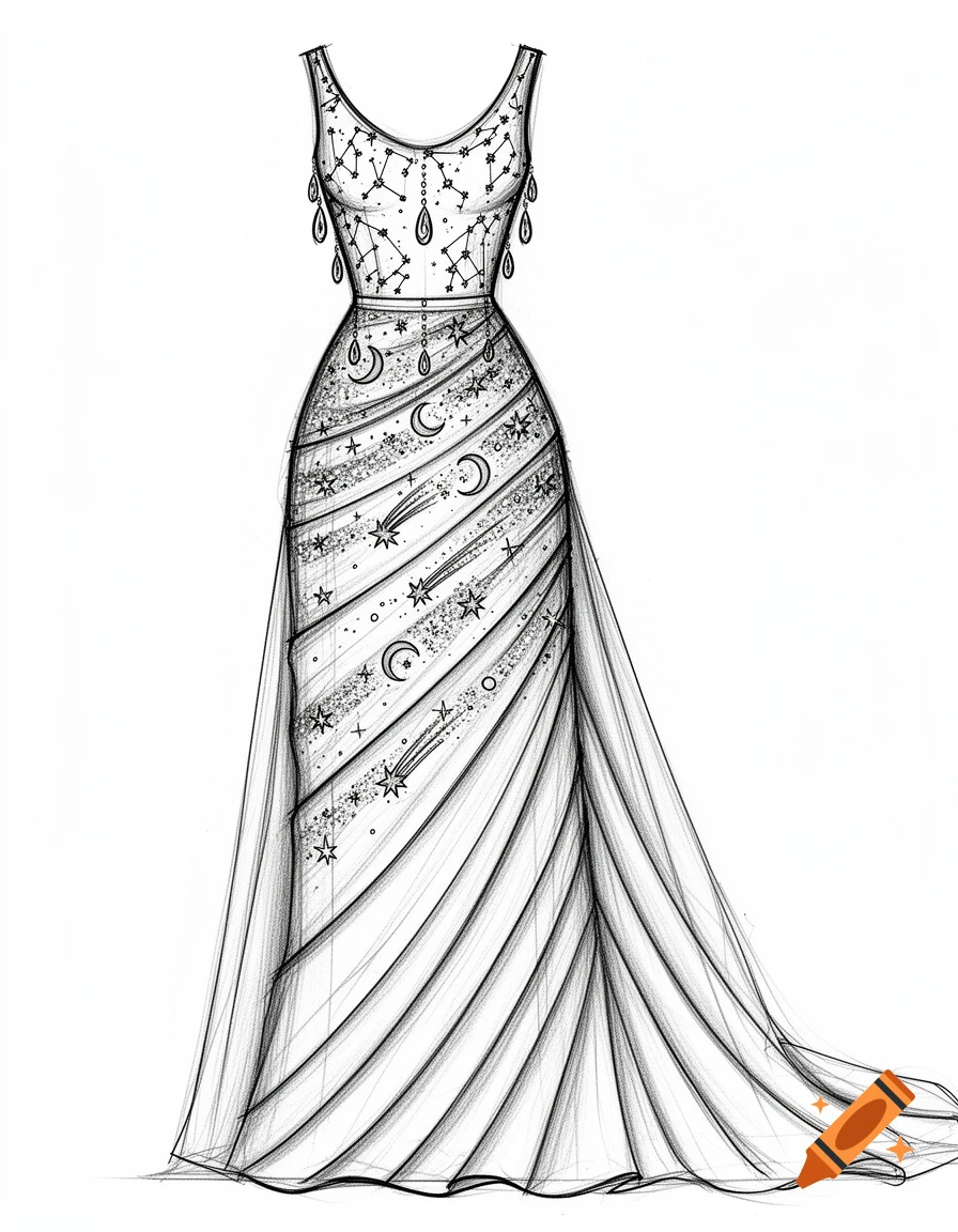 Black and white pencil sketch of a sleeveless trumpet wedding dress with celestial patterns of constellations, moons, and stars, featuring teardrop crystals and a pleated skirt.