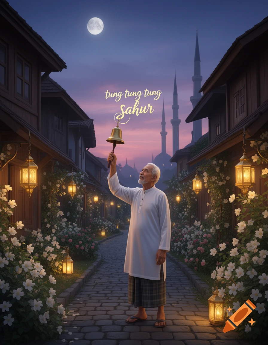 Elderly man in white attire ringing a bell in a lantern-lit street at dusk, with "Sahur" text and a mosque in the background.