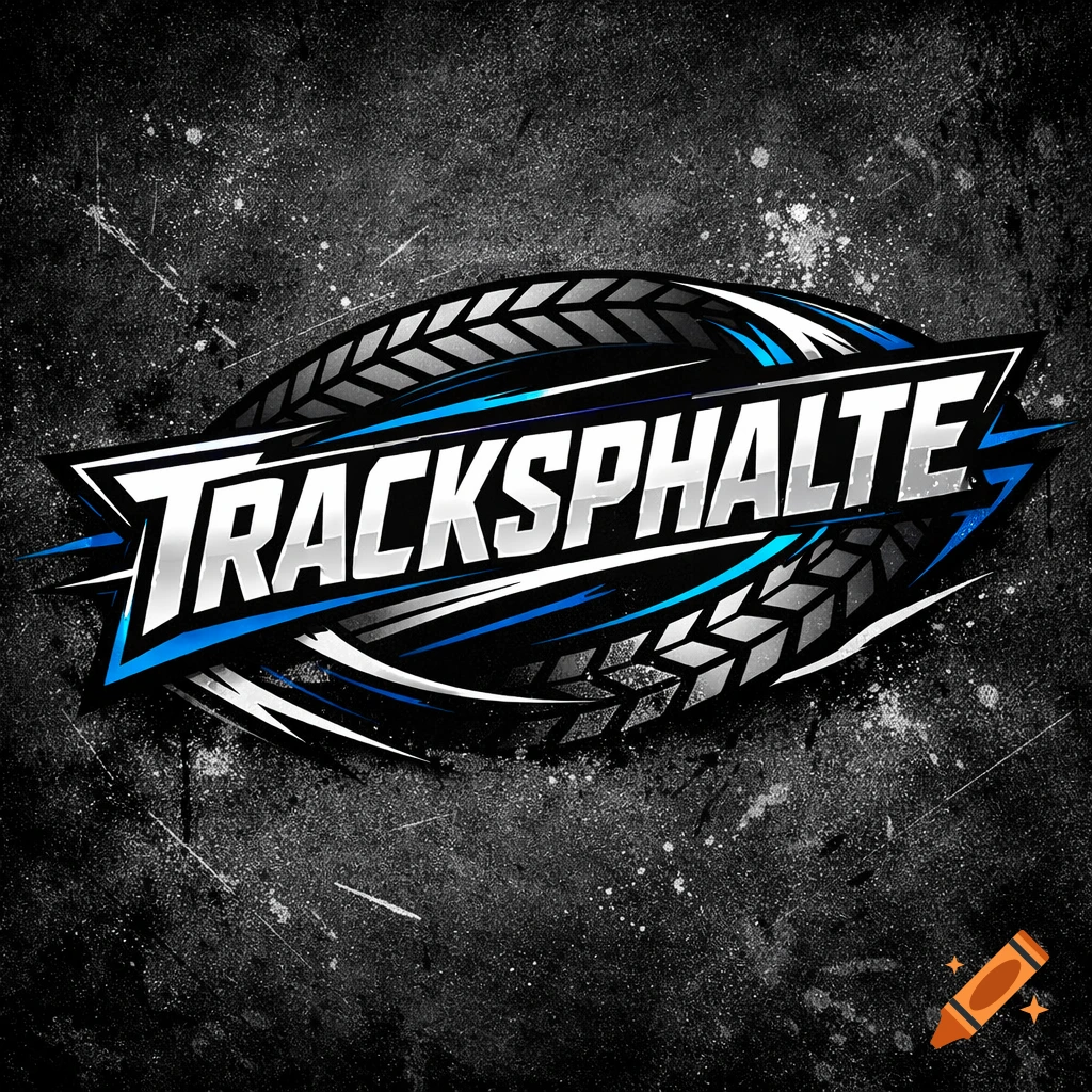 A stylized logo for 'TRACKSPHALTE' with tire treads and blue accents on a dark, grunge background.