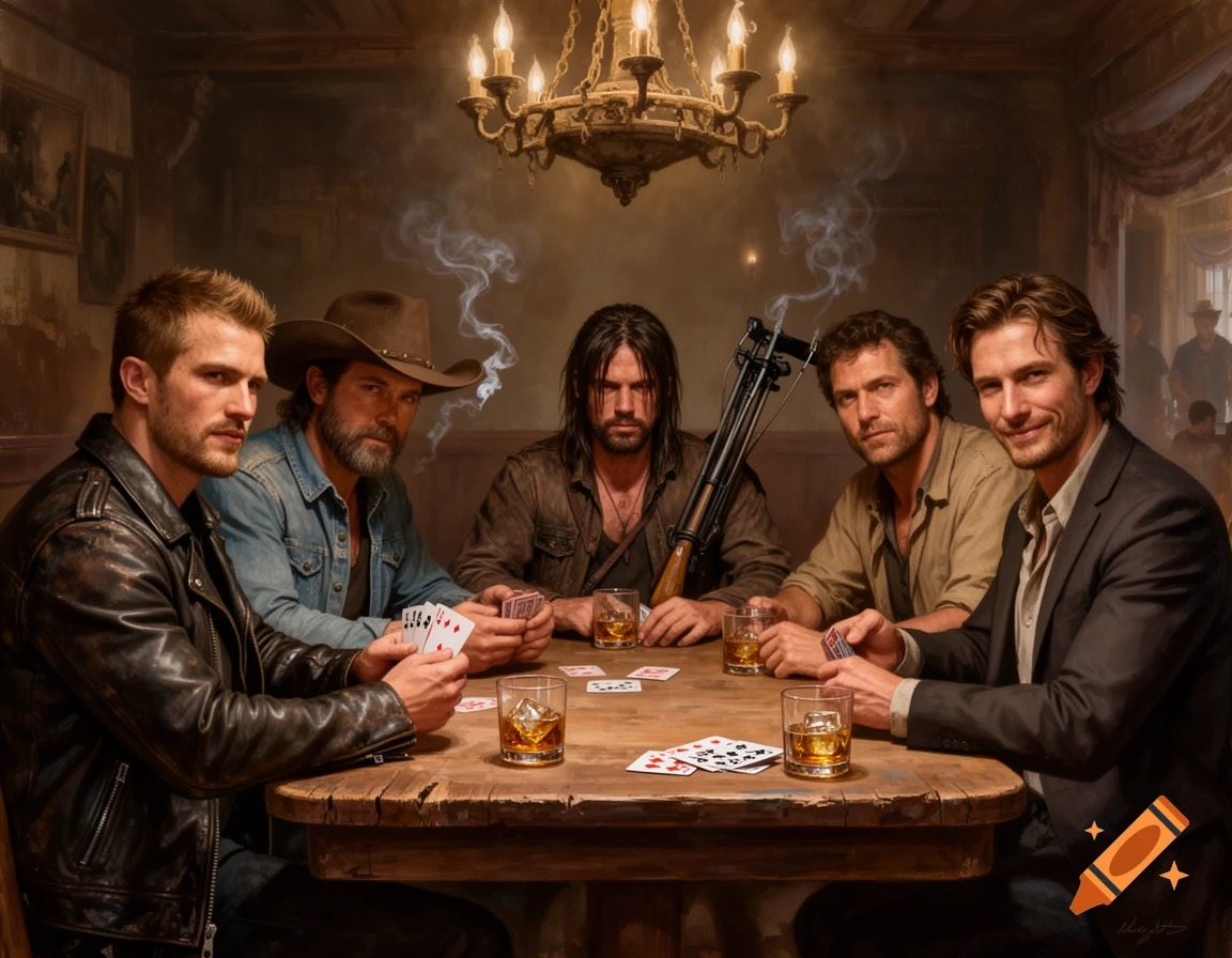 Five rugged men, including Daryl Dixon and Rip Wheeler lookalikes, play poker around a wooden table in a dimly lit, rustic room with a chandelier.