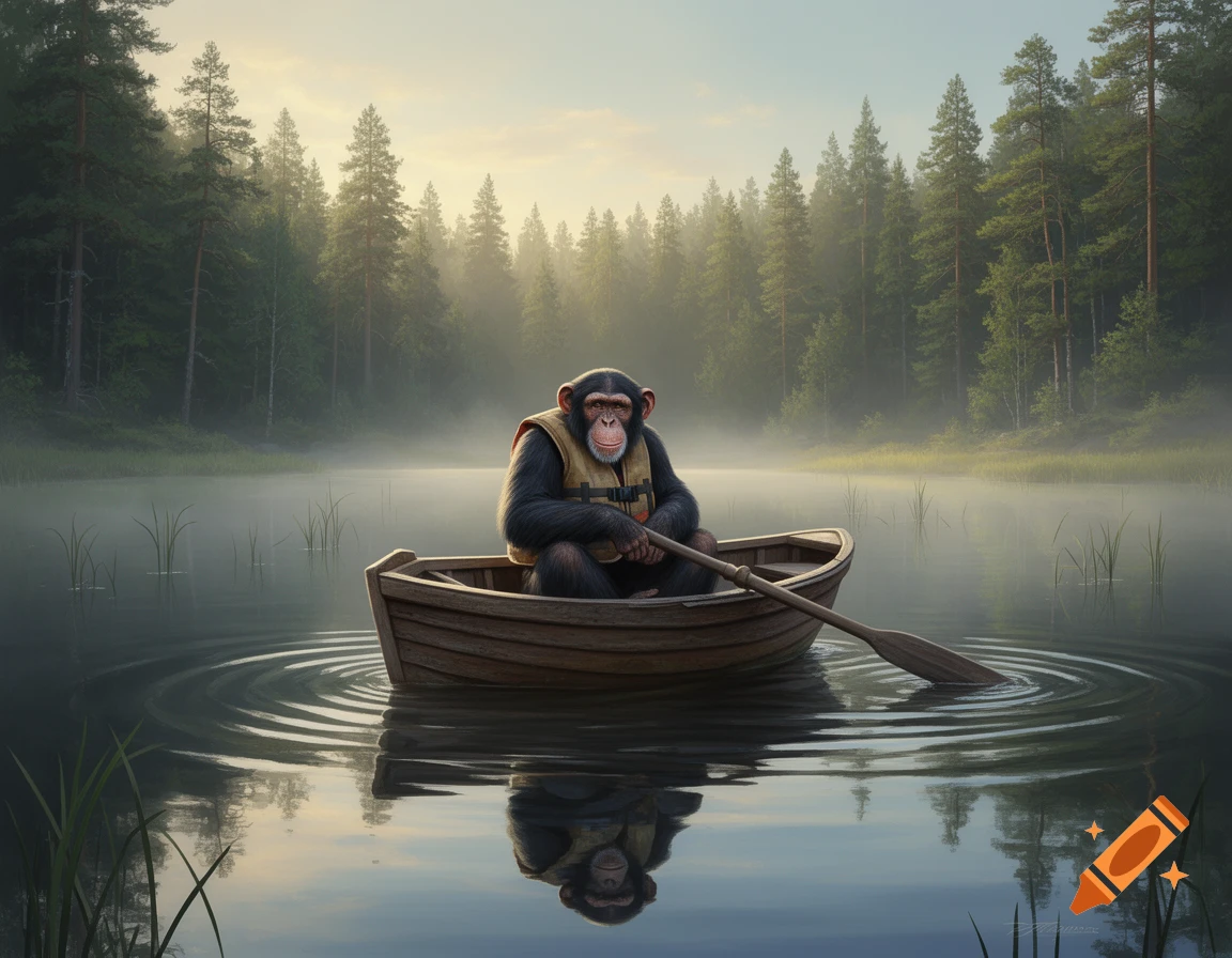 A chimpanzee wearing a life vest rows a small wooden boat on a misty lake surrounded by a pine forest.