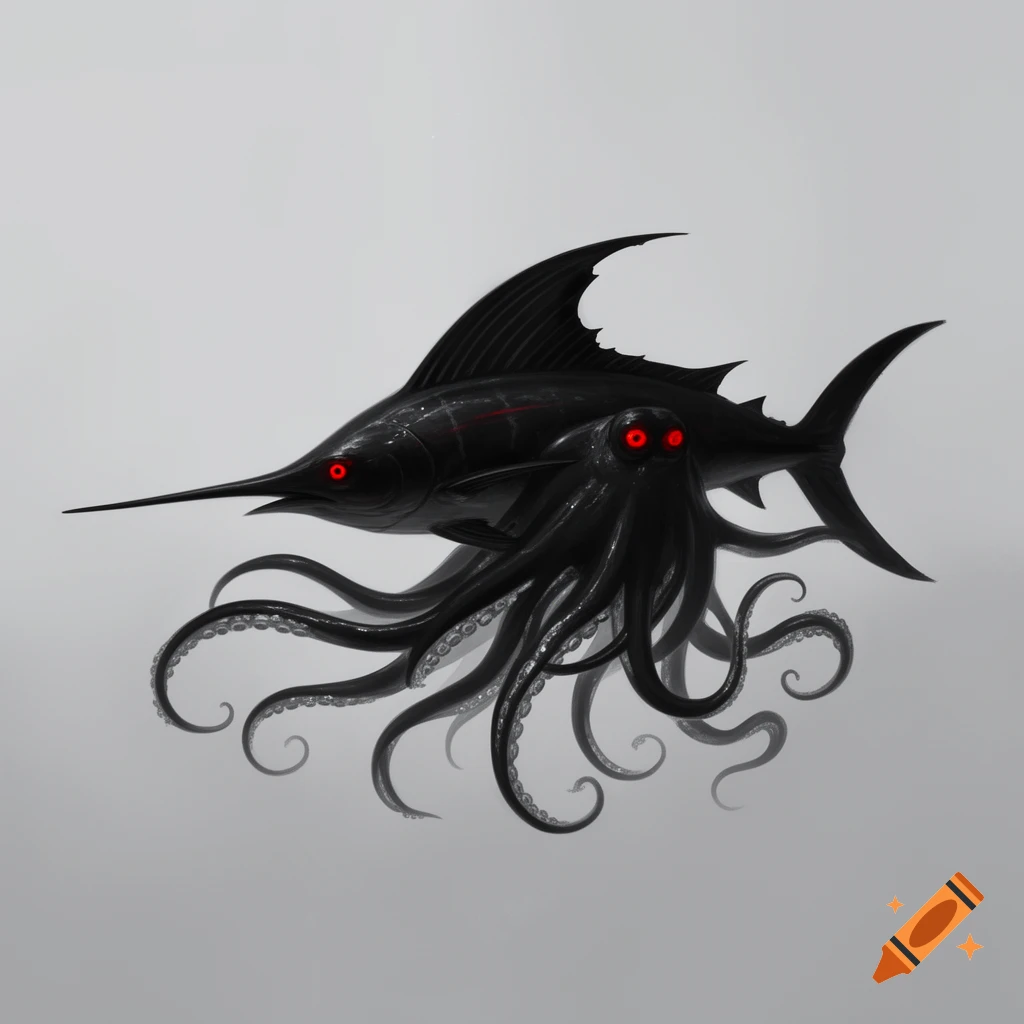 A sleek, black marlin-octopus hybrid creature with glowing red eyes and numerous tentacles, set against a plain light gray background.