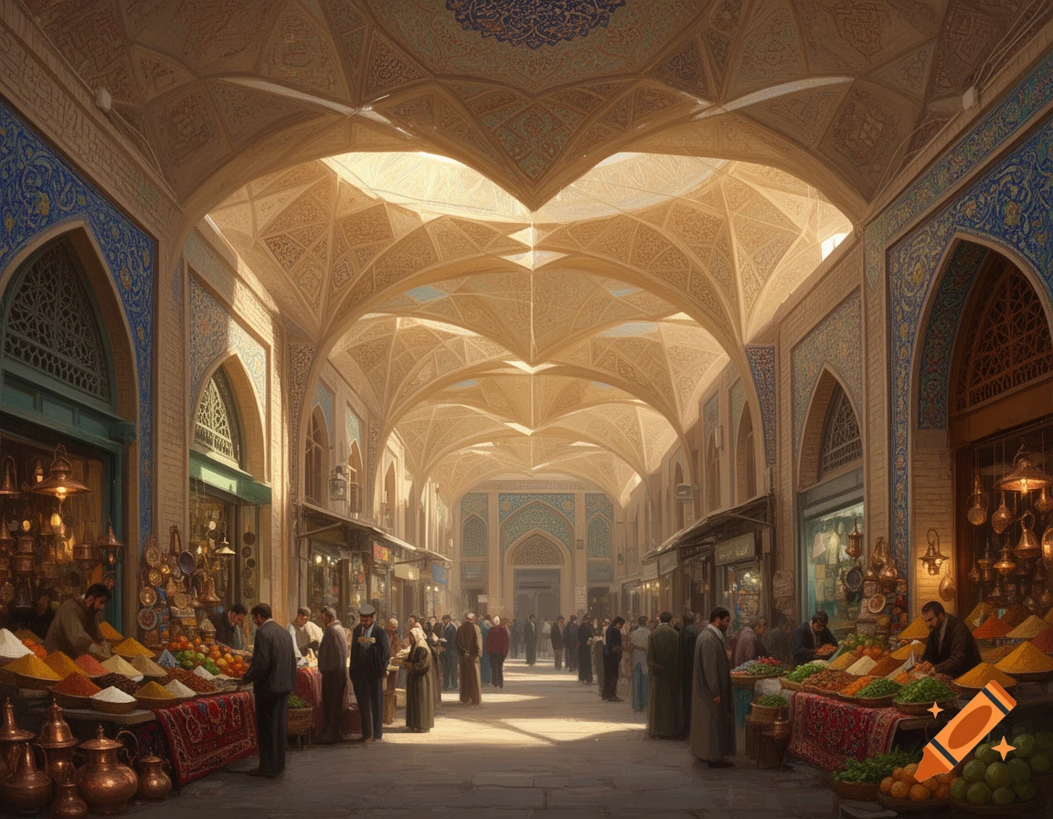 A photorealistic view of a bustling market in an Iranian bazaar, with arched ceilings, intricate tilework, and stalls selling spices and goods.