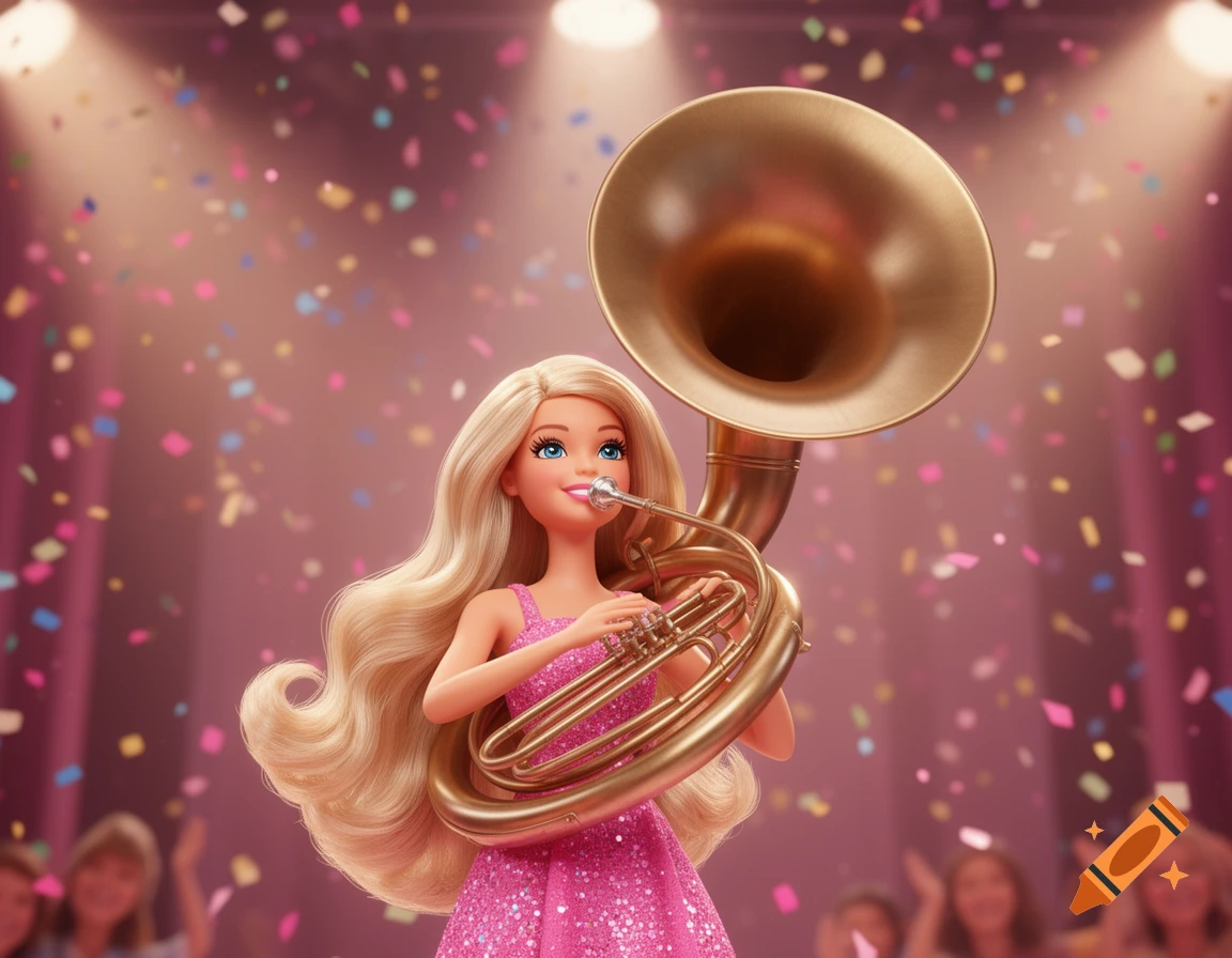 A smiling Barbie doll in a pink glitter dress plays a golden sousaphone on a stage with confetti, 3D render.