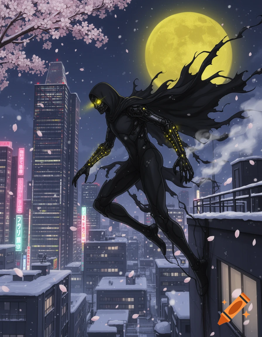A cybernetic villain in a black cloak and hood with glowing yellow eyes ...