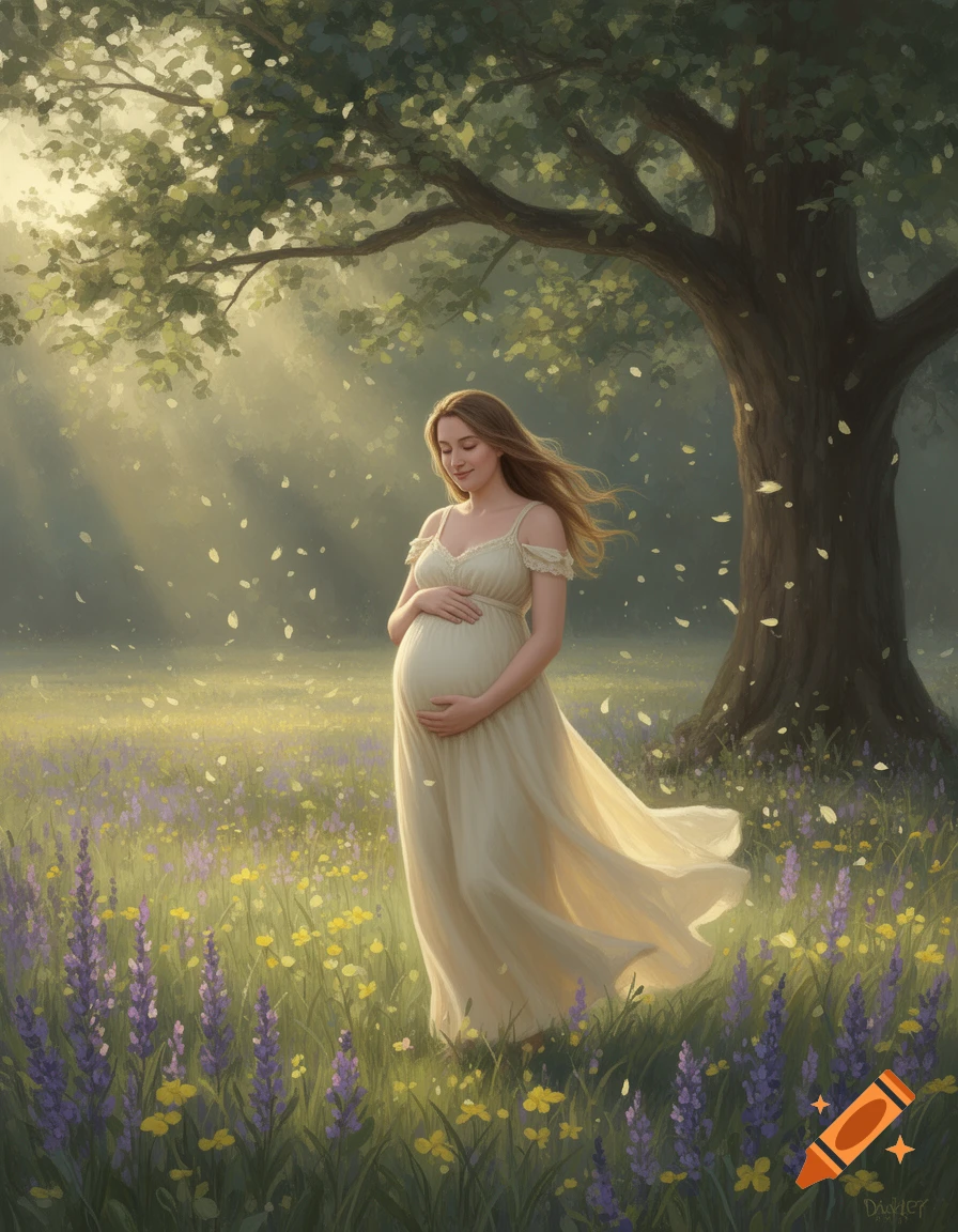 A serene pregnant woman in a flowing dress stands in a sunlit meadow of purple and yellow wildflowers under a large tree, in a painterly style.