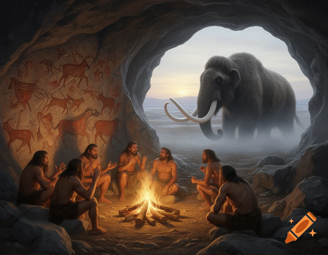 Photorealistic depiction of prehistoric men by a cave campfire, with cave paintings and a woolly mammoth outside in mist.
