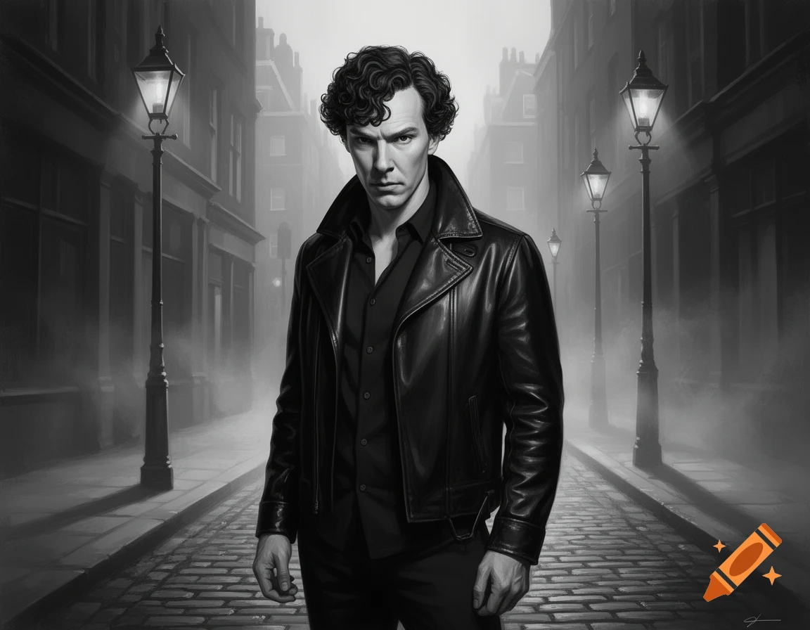 Benedict Cumberbatch as Sherlock Holmes in a leather jacket on a foggy, cobblestone street, lit by streetlights in black and white.