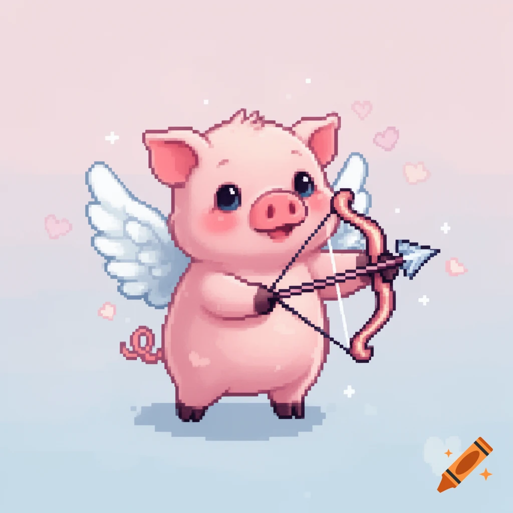 Pixel art image of a cute piglet dressed as Cupid with wings, holding a bow and arrow, against a pastel background.