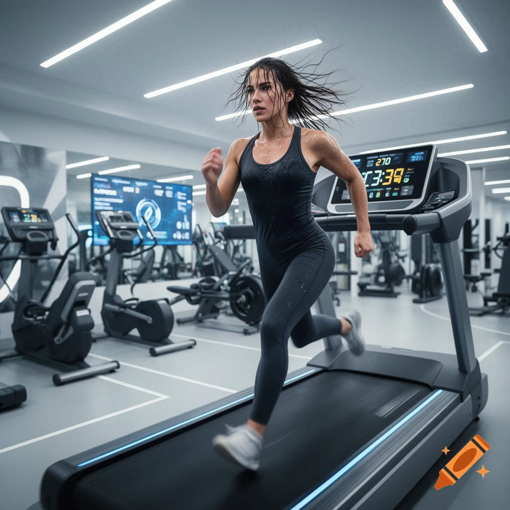 A sweaty woman in black athletic wear runs intensely on a treadmill in a modern gym with digital screens.