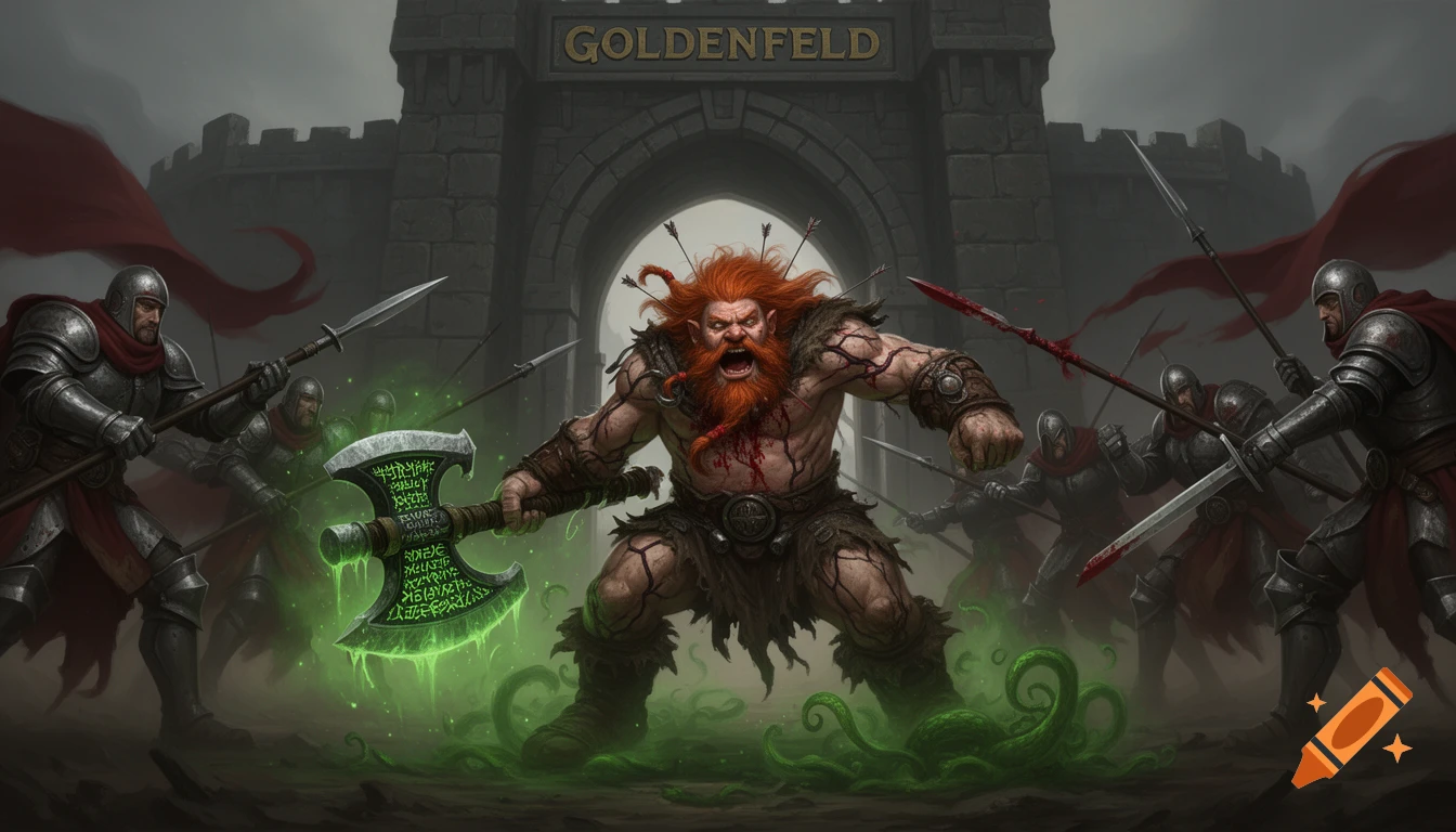 A red-haired dwarf warrior with a glowing green axe fights armored paladins in front of a castle gate. Blood and arrows are on the dwarf.