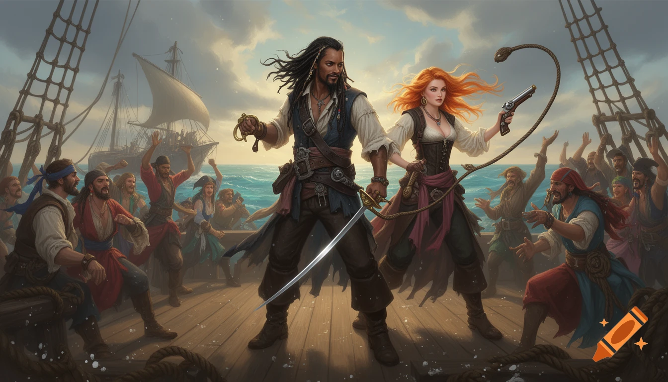 A male pirate with a sword and a female pirate with a pistol and whip ...