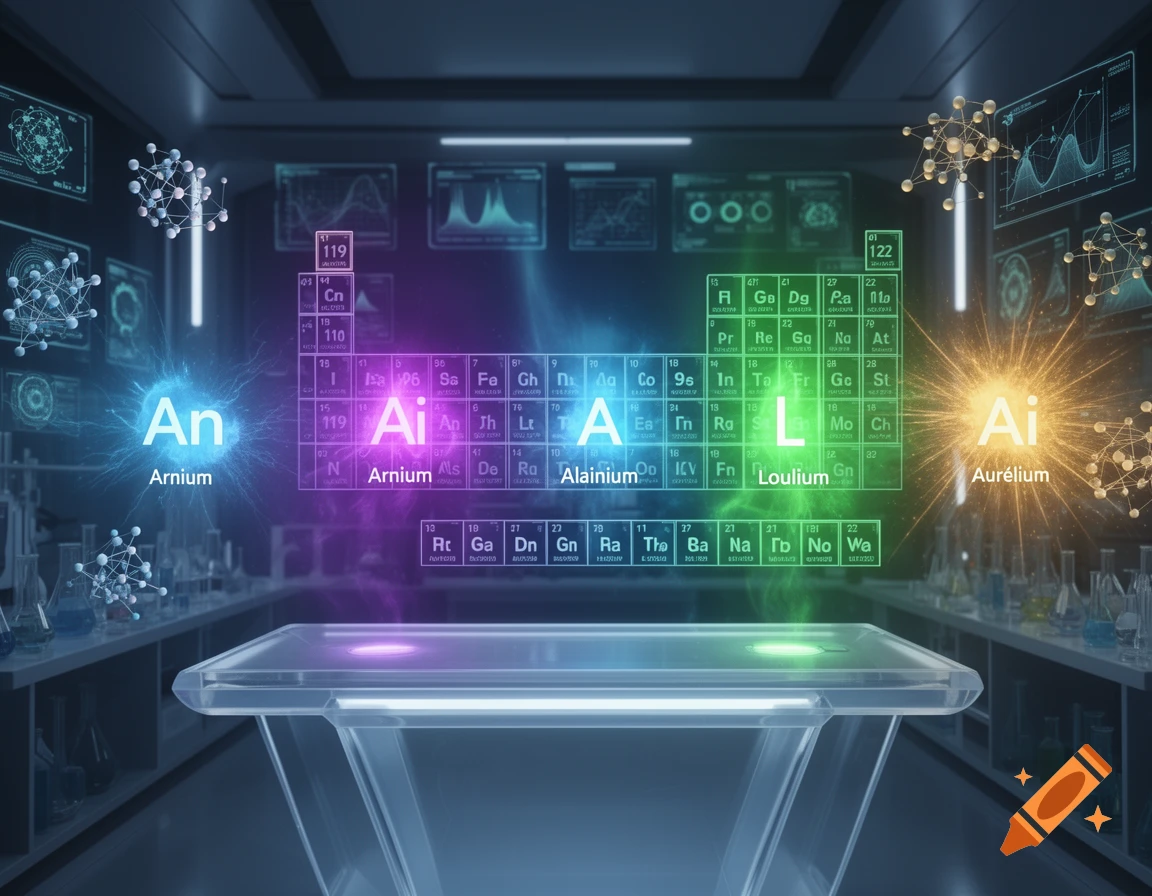A holographic periodic table displays newly created elements 'An Arnium', 'A Alainium', 'L Loulium', and 'Ai Aurélium' in a futuristic lab.