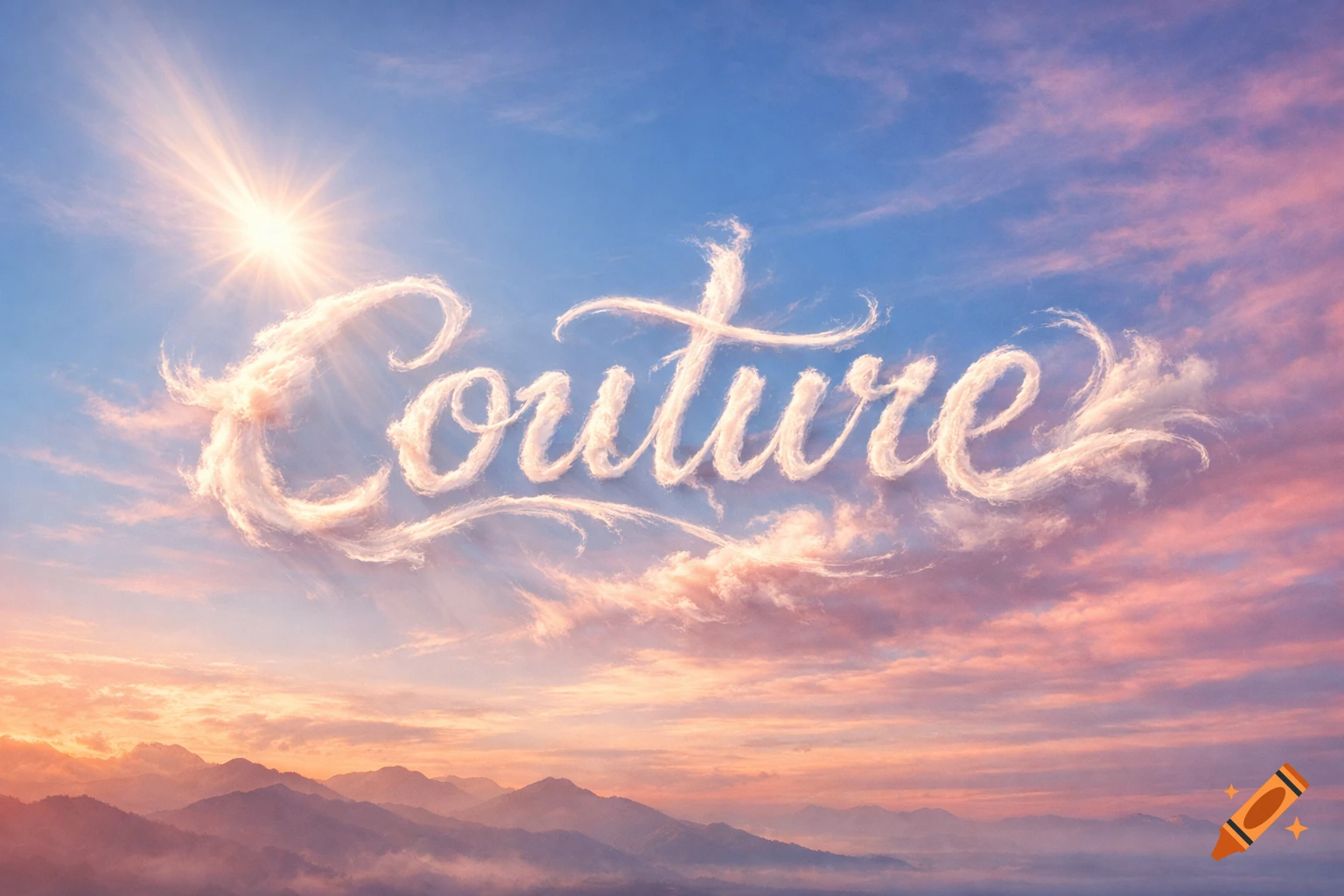 The word "Couture" formed by clouds against a vibrant sunset sky with distant mountains.