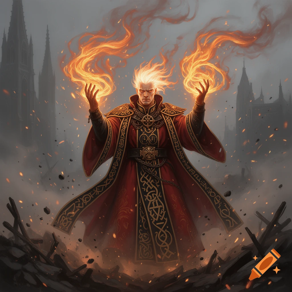 A white-haired pyromancer in ornate red robes conjures fire amidst a ruined city, dark fantasy art style.