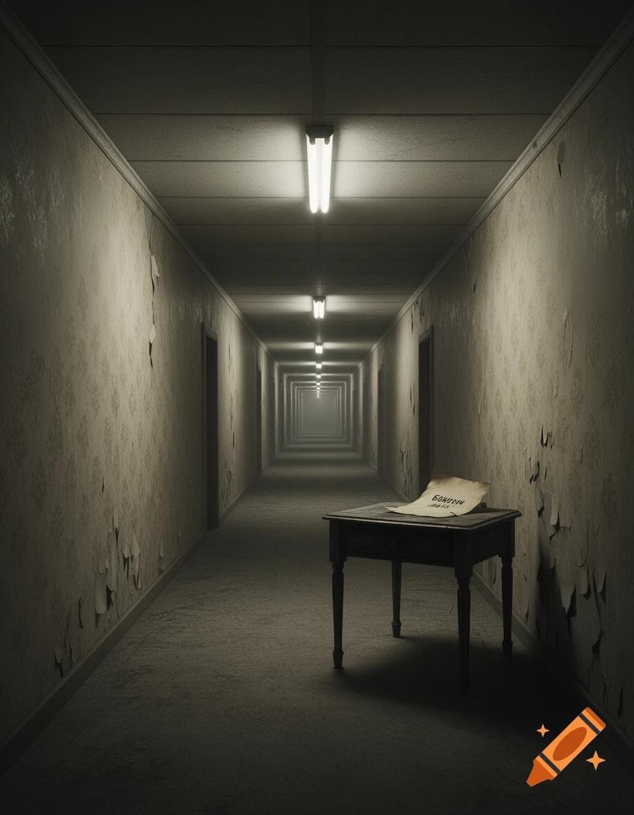 A photorealistic, eerie scene of a long, dark, decaying hallway with peeling paint, lit by fluorescent lights. A small table with a crumpled paper is in the foreground.