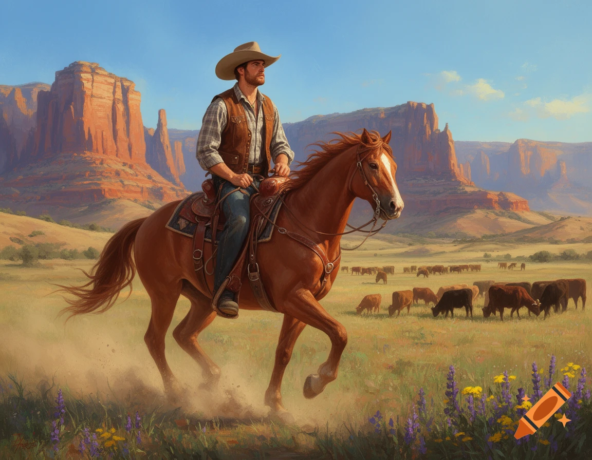 A cowboy rides a brown horse through a green field with cattle, beneath red rock formations in a sunny western landscape, digital painting.