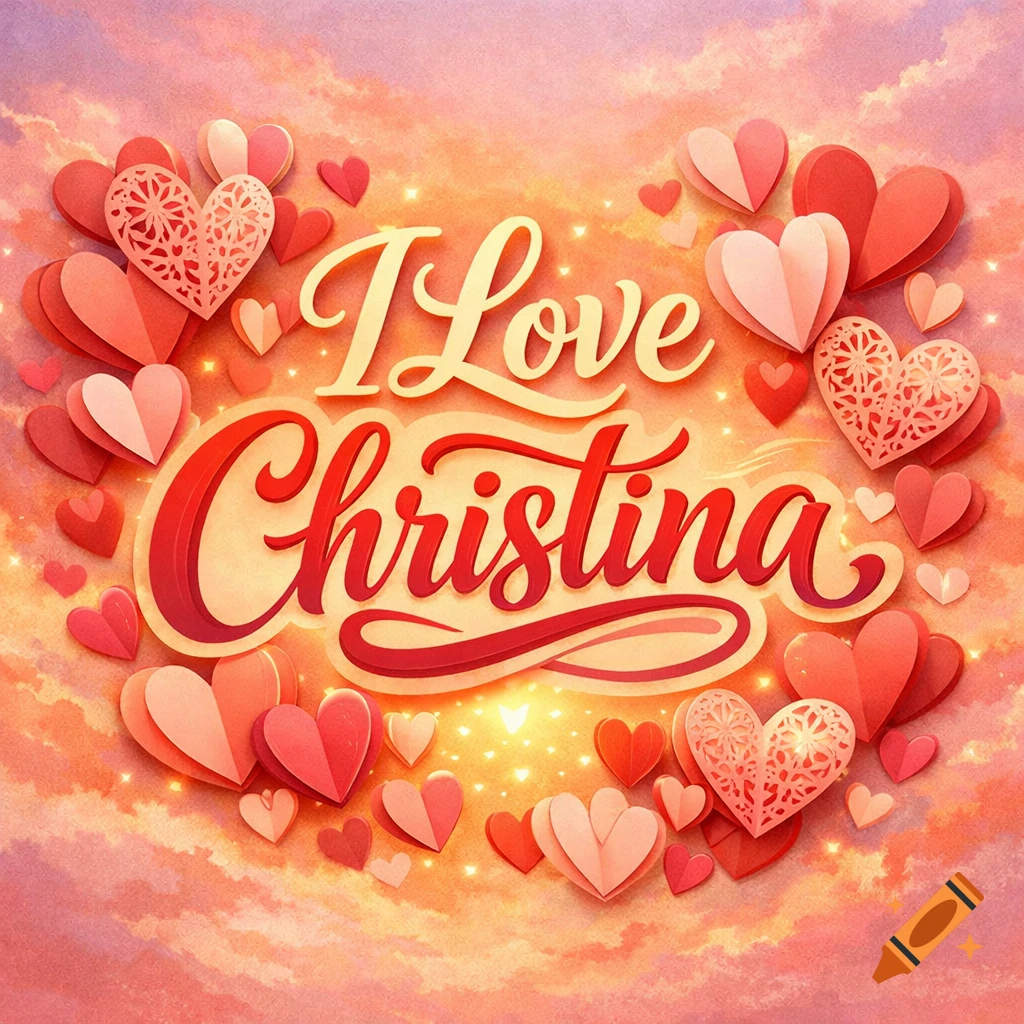 Stylized "I Love Christina" text surrounded by red and pink paper hearts on a warm, sparkling background.