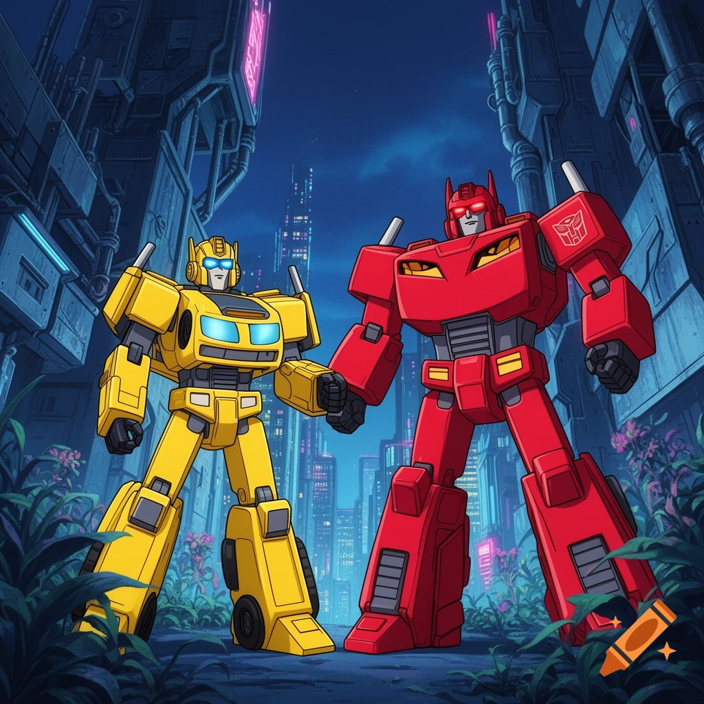 Yellow Bumblebee and red Cliffjumper stand in a futuristic city at night in a cartoon style.