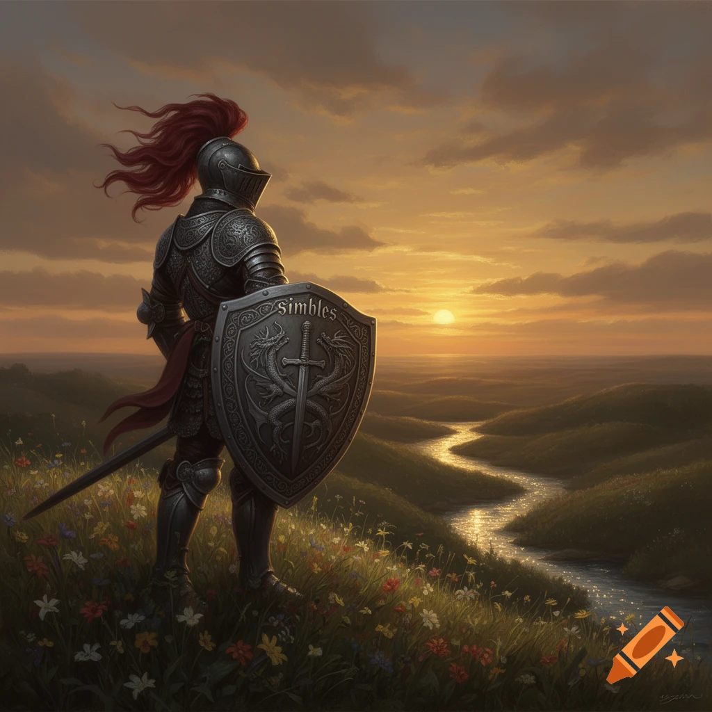 A knight in ornate armor stands on a flowery hill, holding a shield with "Simbles" inscribed, looking over a river at sunset.
