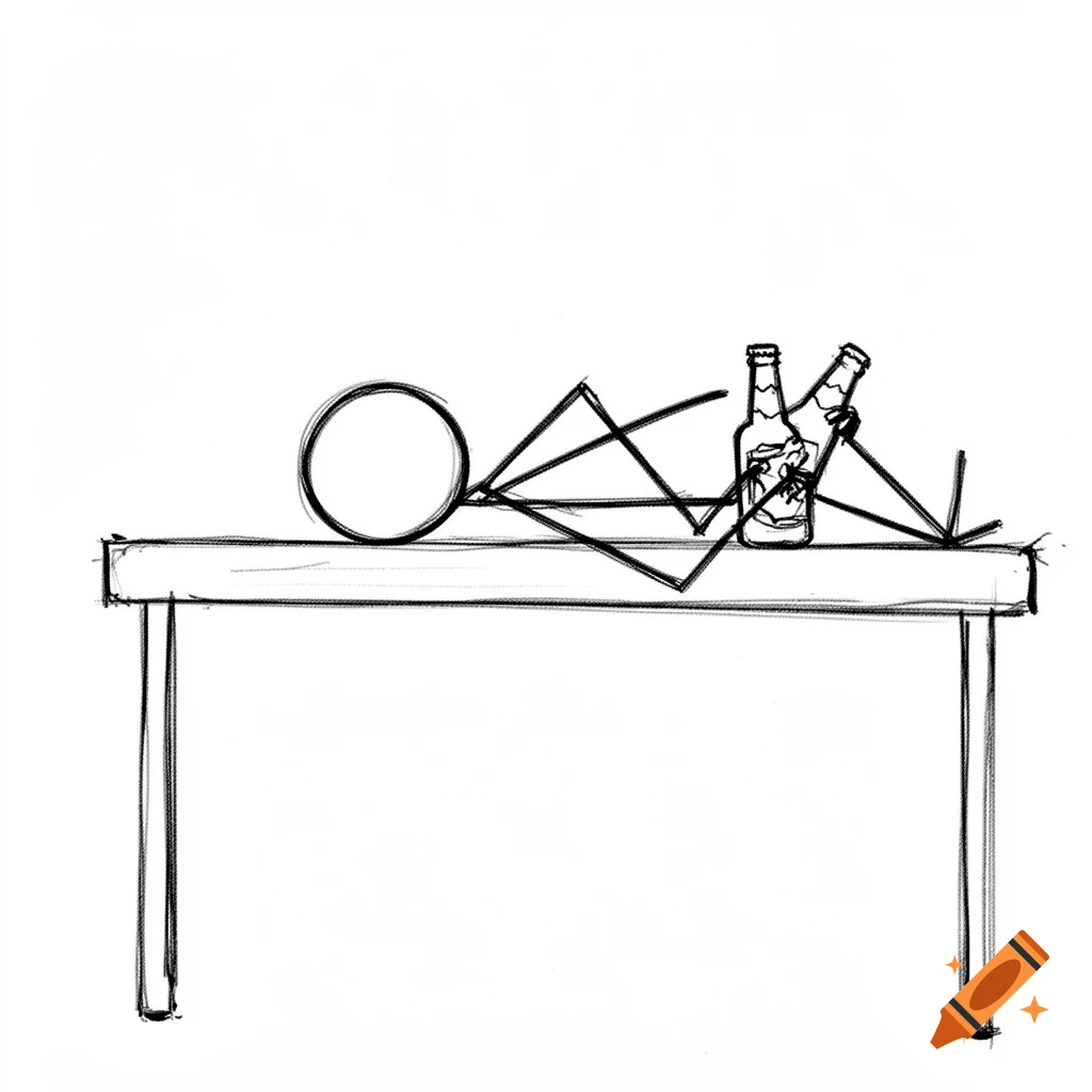 A black and white sketch of a stick figure lying on a table next to two beer bottles.