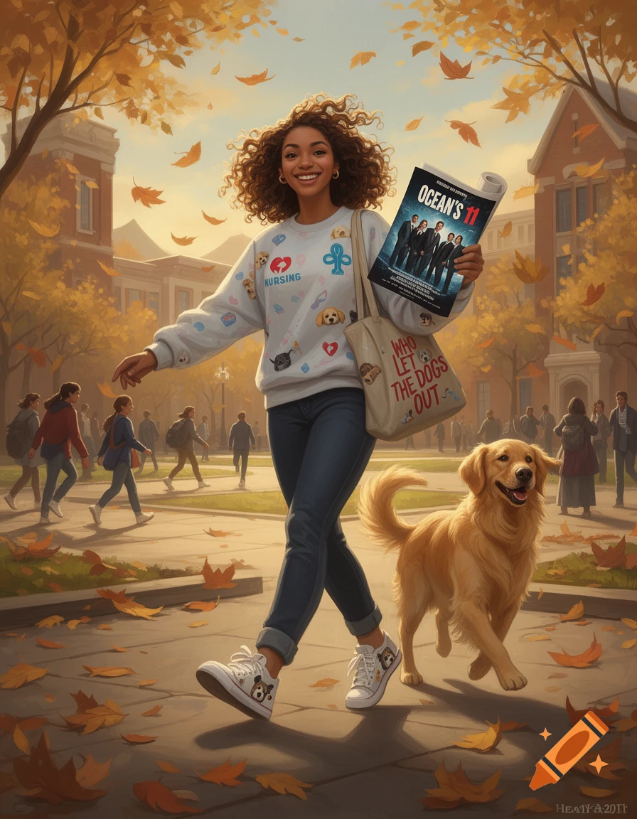 A smiling woman with curly hair walks her golden retriever on a sunny autumn college campus, holding an Ocean's 11 magazine.