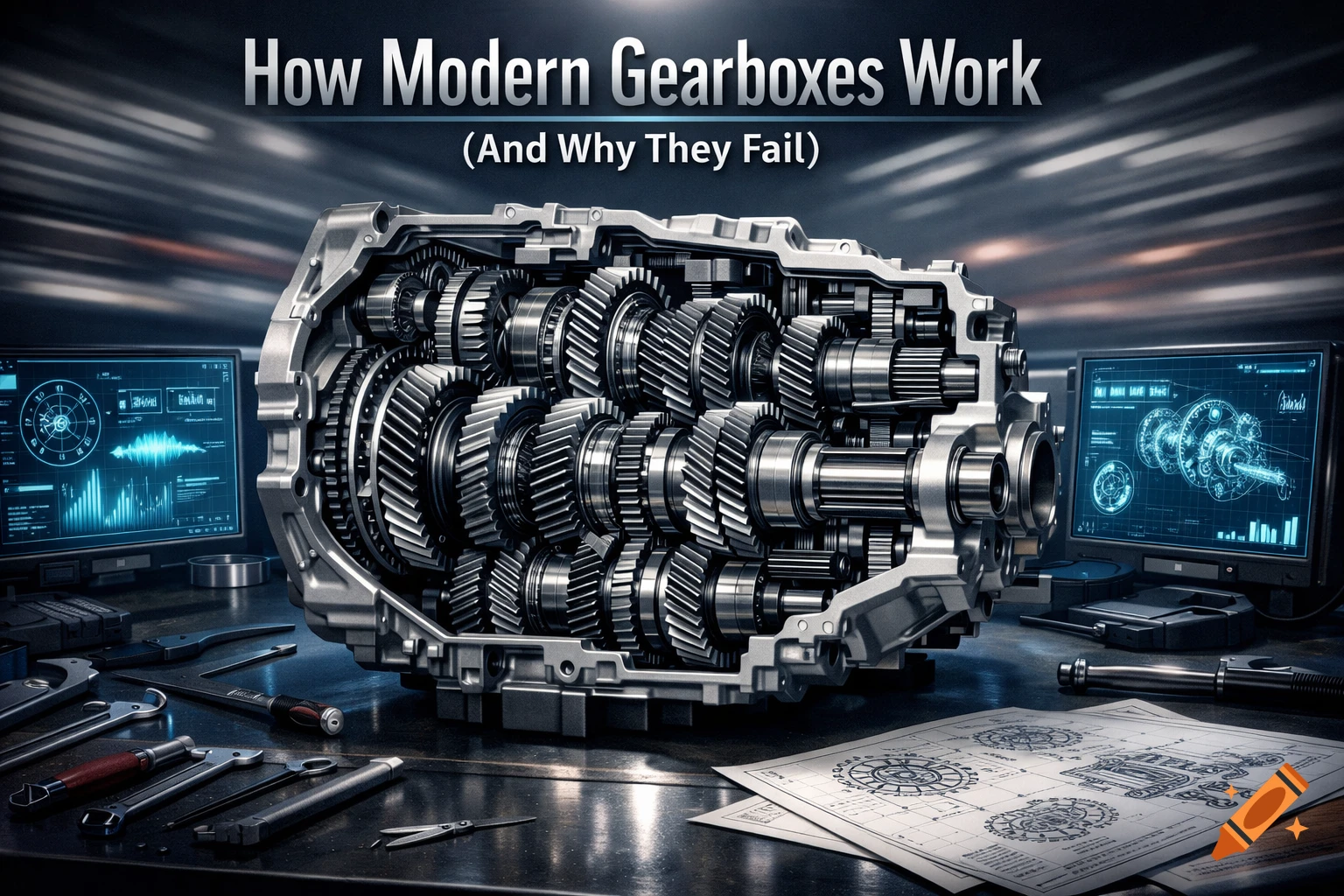 Cutaway view of a modern gearbox on a workbench with tools, blueprints, and tech screens. Title: How Modern Gearboxes Work (And Why They Fail).